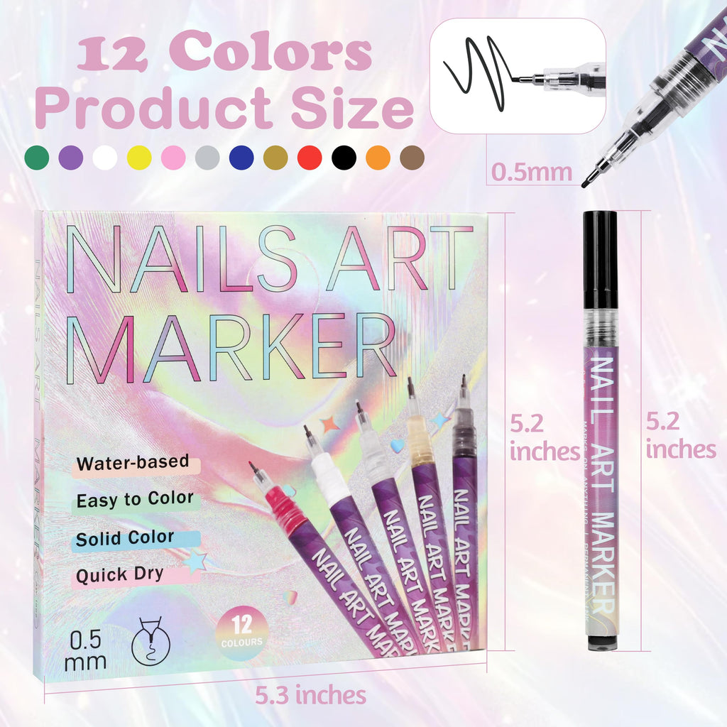 Cocobeen 12 Colors Nail Art Pens Set | 0.5mm Quick-Dry Nail Markers for DIY Design