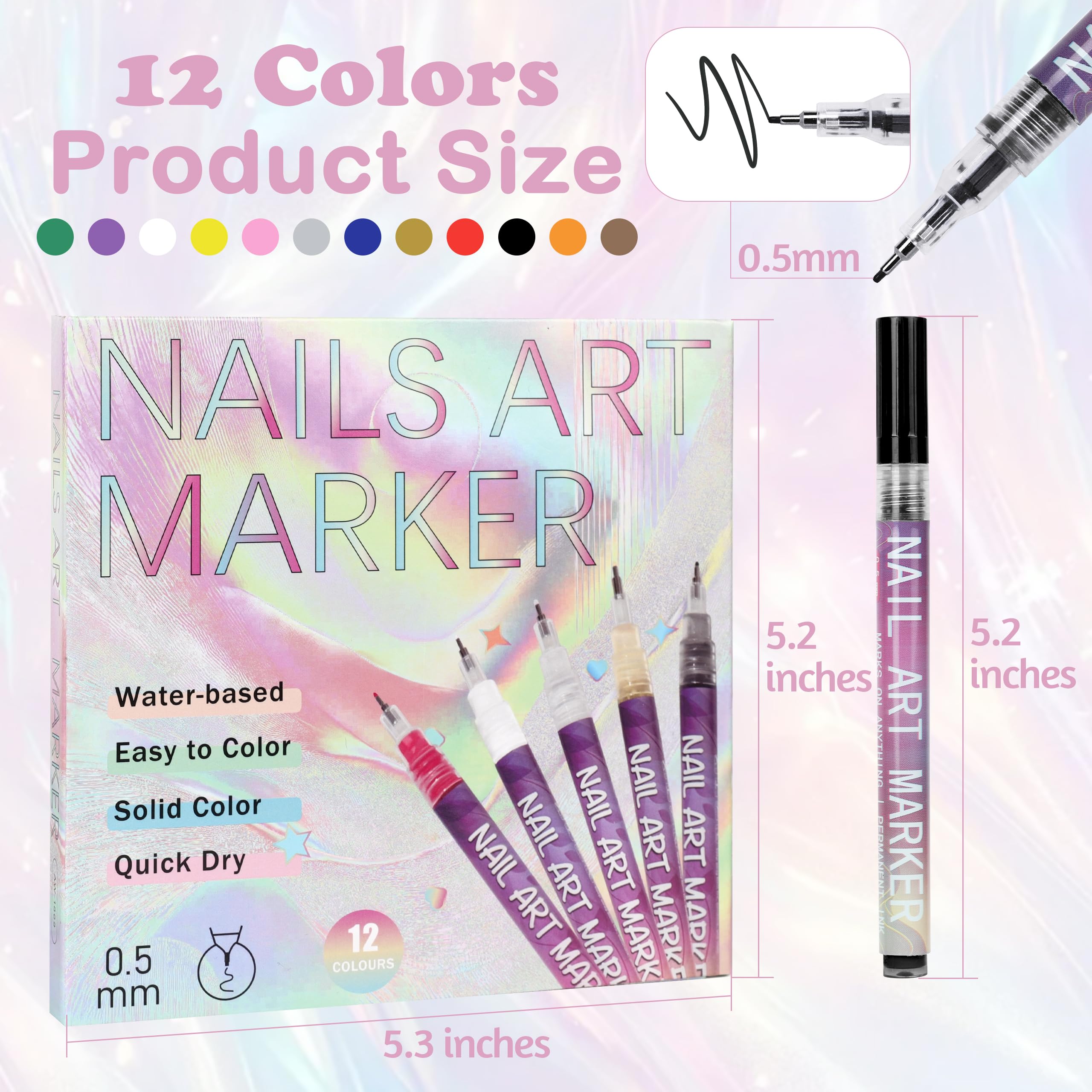 Cocobeen 12 Colors Nail Art Pens Set | 0.5mm Quick-Dry Nail Markers for DIY Design