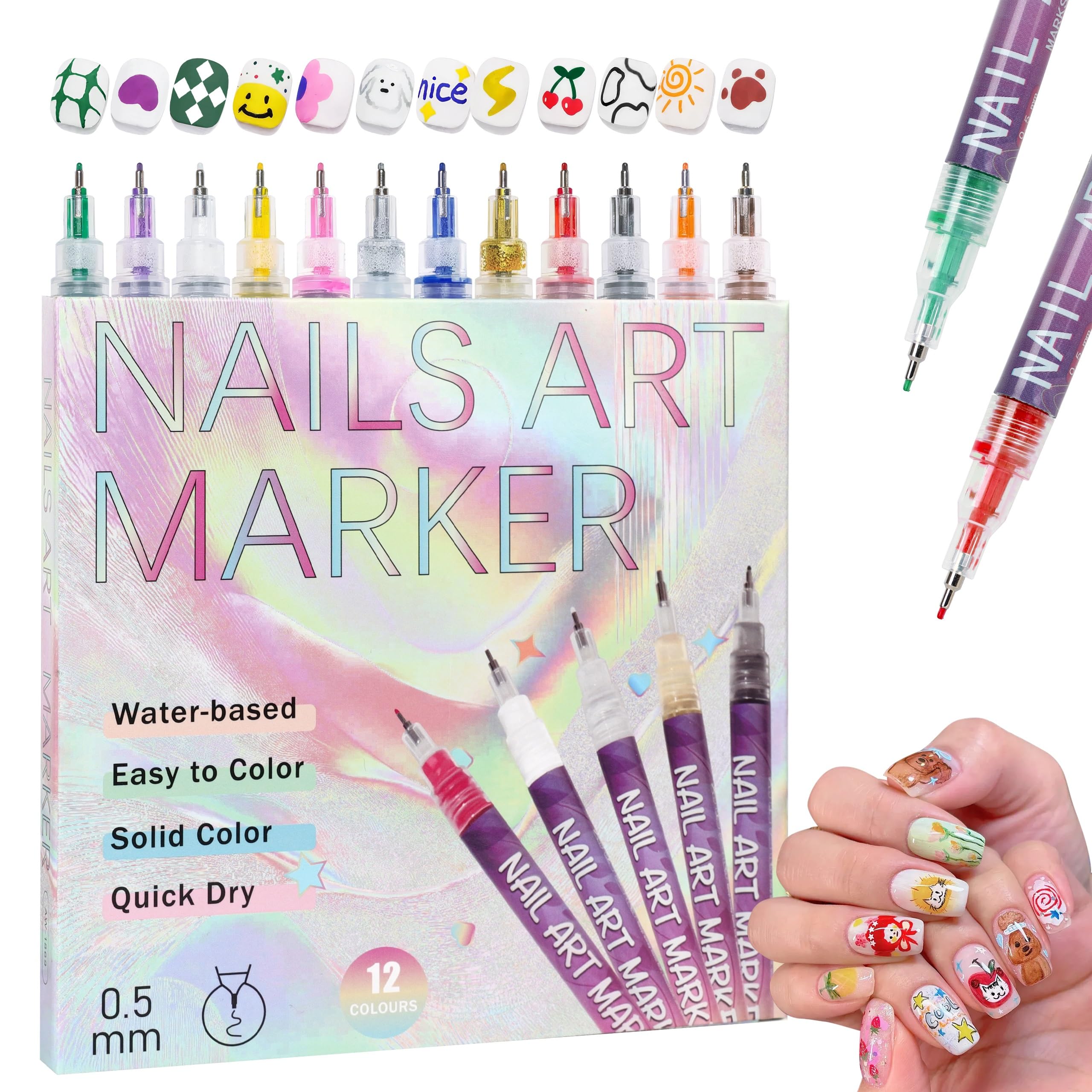 Cocobeen 12 Colors Nail Art Pens Set | 0.5mm Quick-Dry Nail Markers for DIY Design