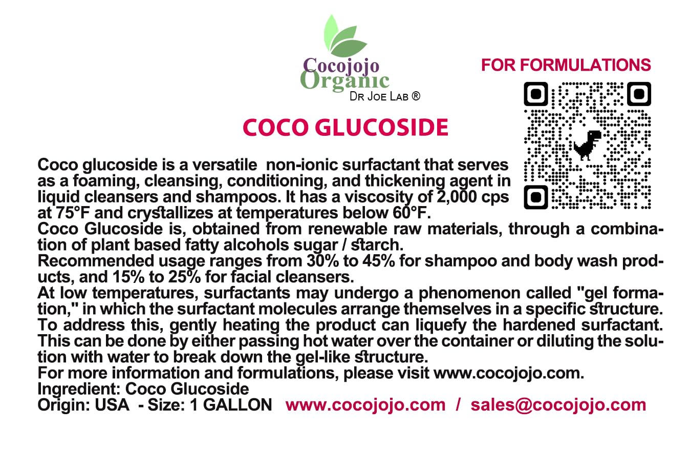 Cocojojo Coco Glucoside Natural Surfactant – Plant-Derived, Fragrance-Free, 1 Gallon