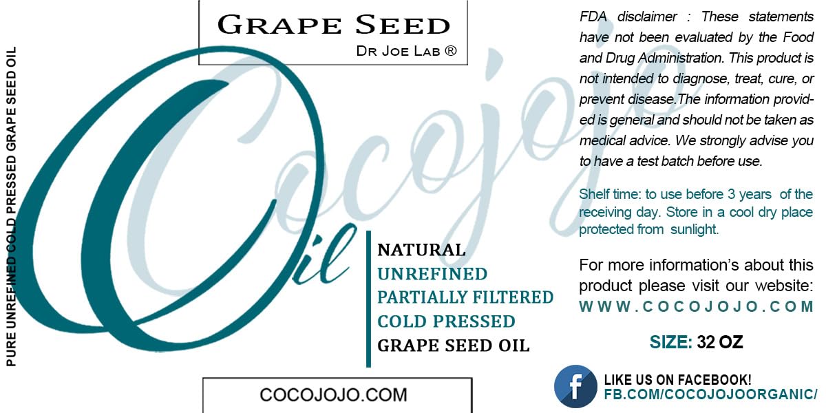 Cocojojo Grapeseed Oil - Pure Cold-Pressed, Unrefined, 32 oz
