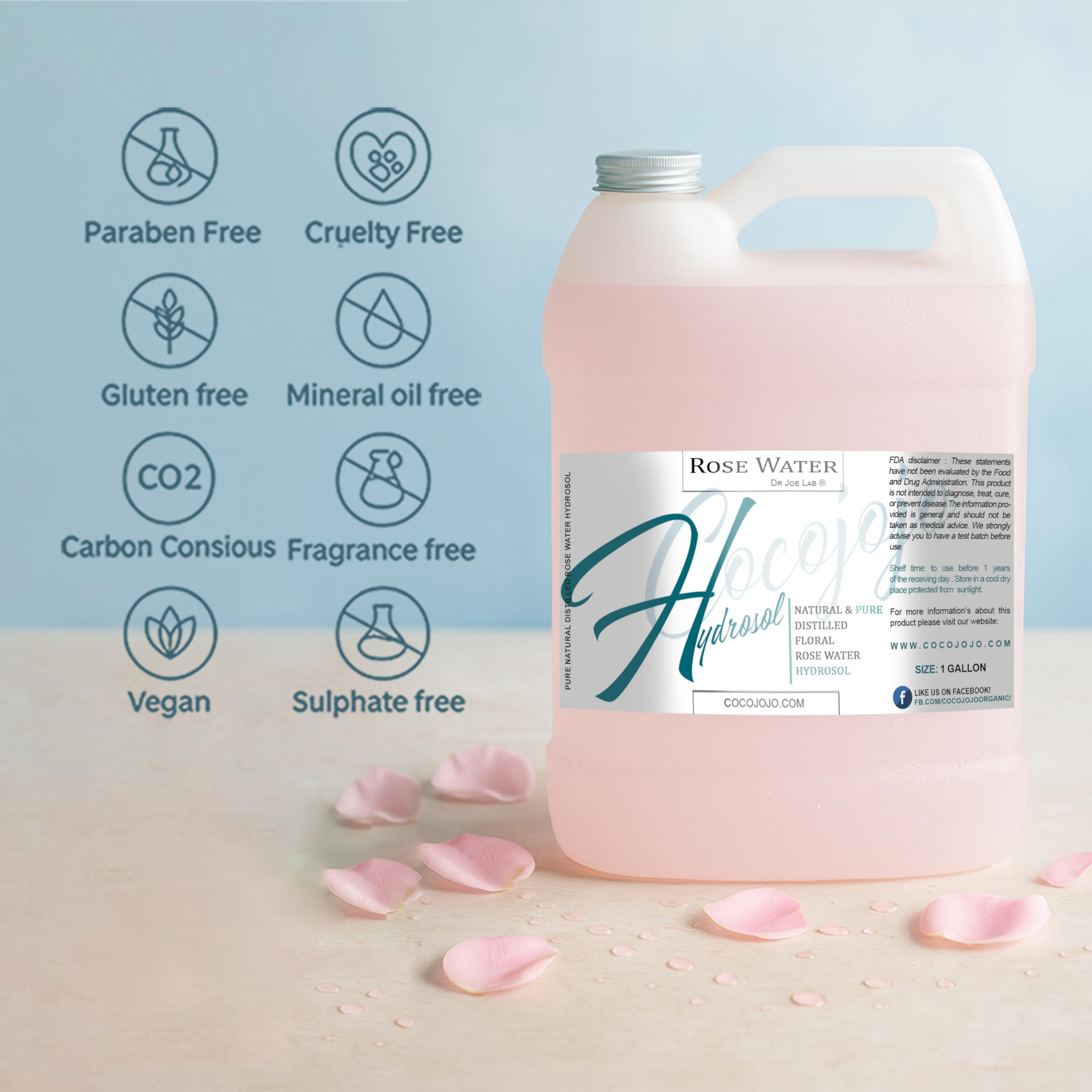 Cocojojo Rose Hydrosol Spray – Alcohol-Free Facial Toner, Non-GMO, 128 oz