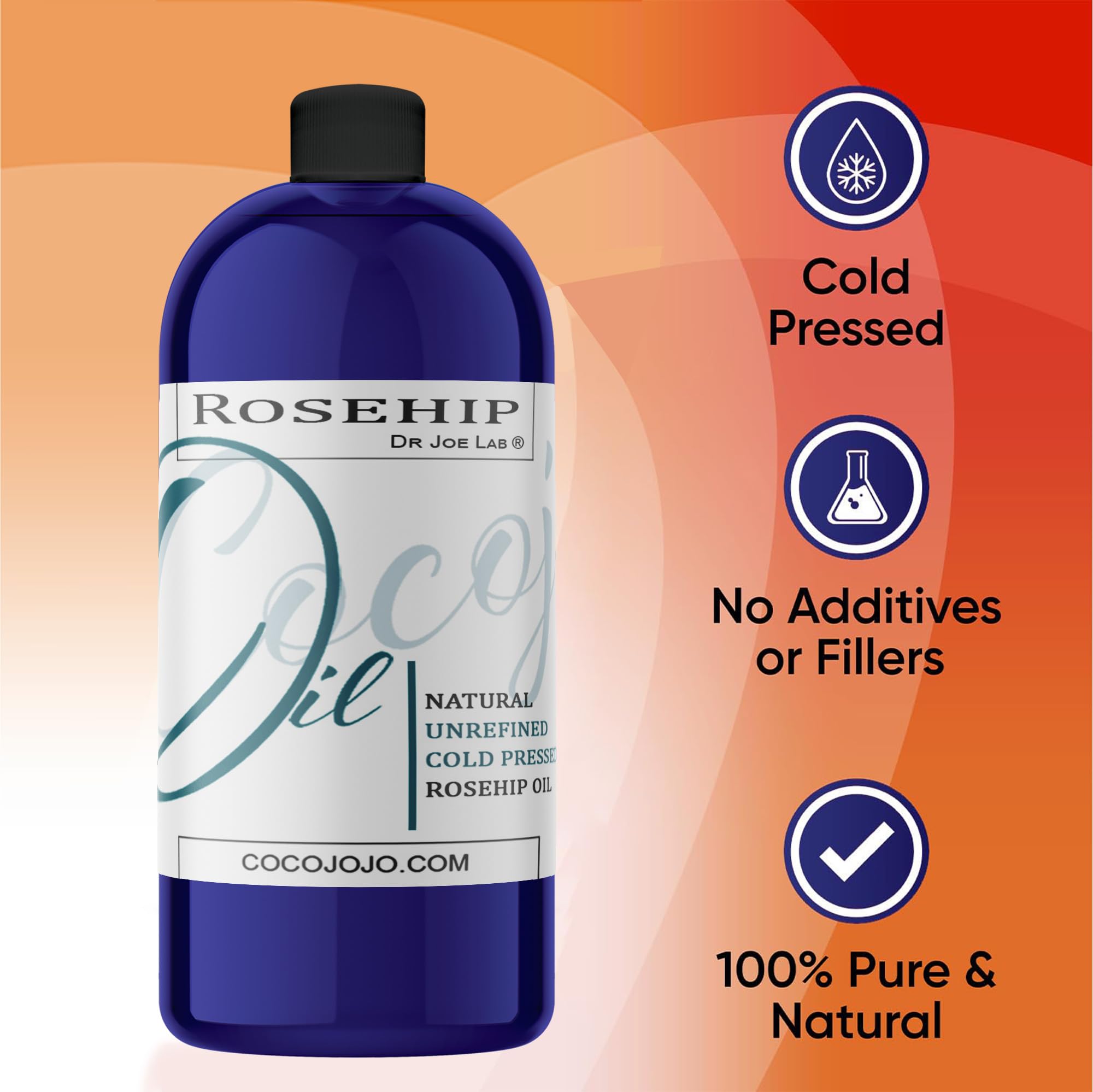 cocojojo Rosehip Oil - 100% Pure Cold-Pressed Unrefined Seed Oil (32 oz) for Skin & Hair