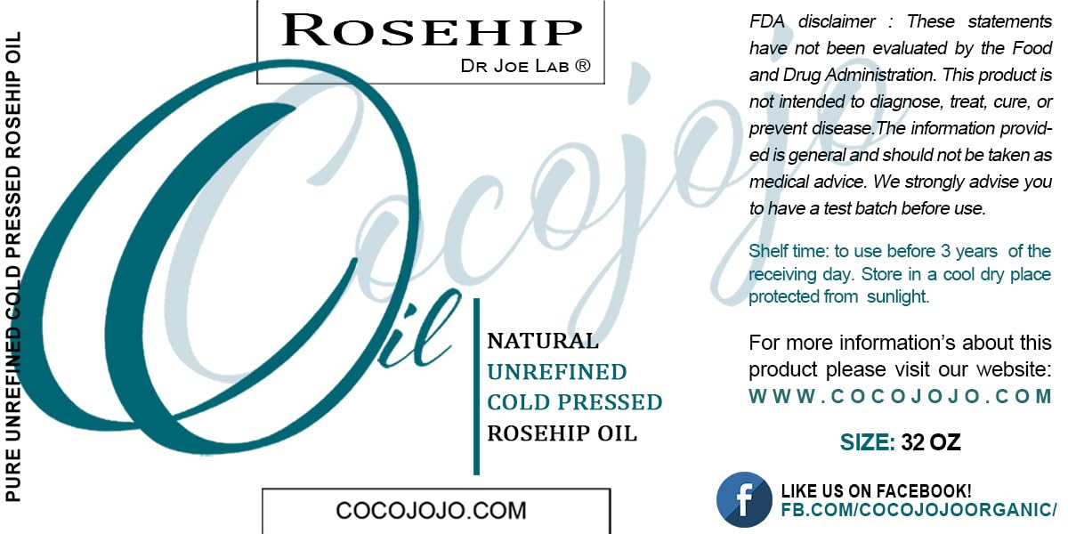 cocojojo Rosehip Oil - 100% Pure Cold-Pressed Unrefined Seed Oil (32 oz) for Skin & Hair