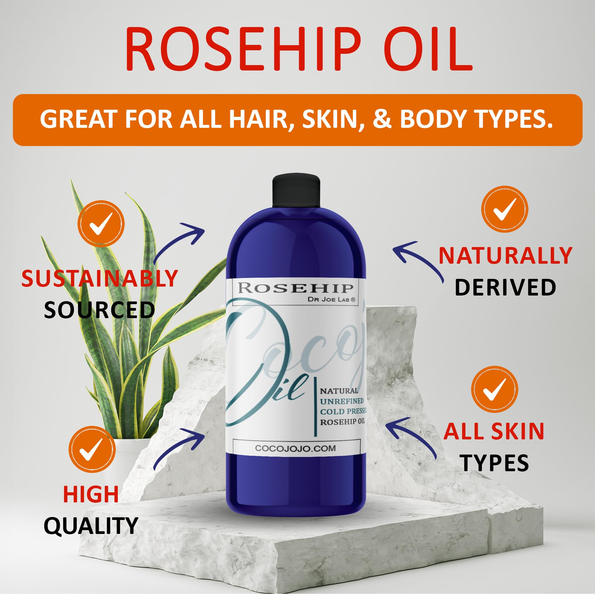 cocojojo Rosehip Oil - 100% Pure Cold-Pressed Unrefined Seed Oil (32 oz) for Skin & Hair