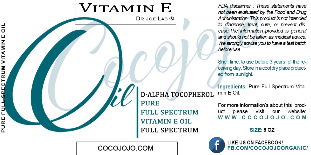 Cocojojo Vitamin E Oil - Pure & Undiluted Full Spectrum Alpha Tocopherol, 8 oz for Skin, Hair, Nails
