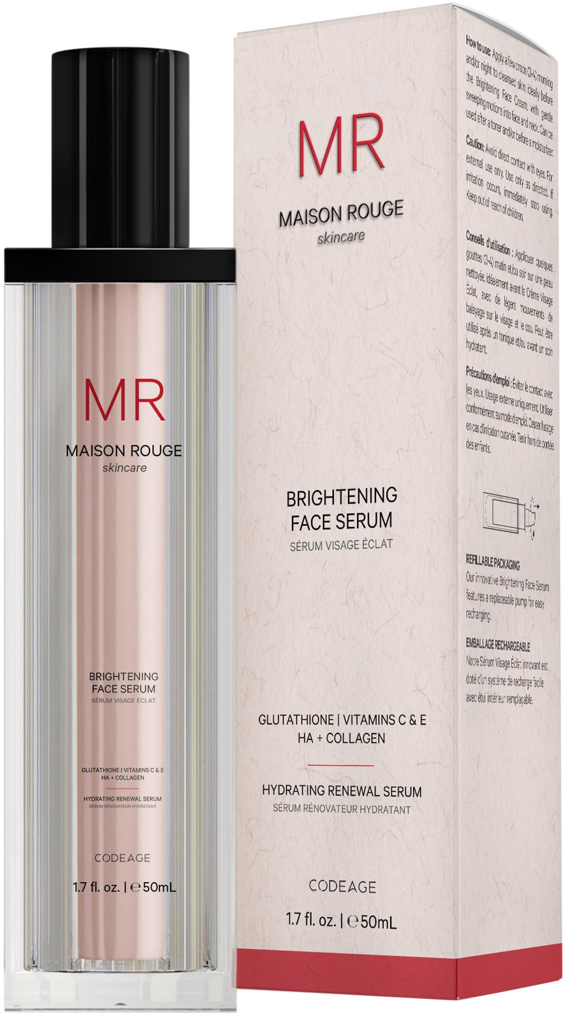 Codeage Maison Rouge Brightening Serum – Glutathione, Vitamin C, Hyaluronic Acid, Collagen | Refillable, Parabens/Sulfates-Free