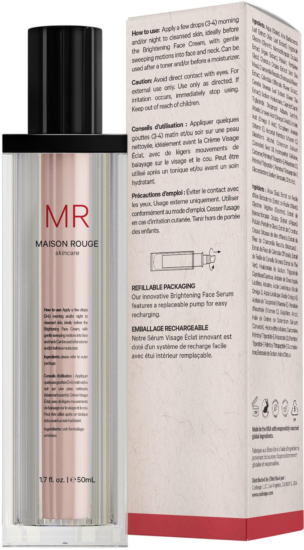 Codeage Maison Rouge Brightening Serum – Glutathione, Vitamin C, Hyaluronic Acid, Collagen | Refillable, Parabens/Sulfates-Free