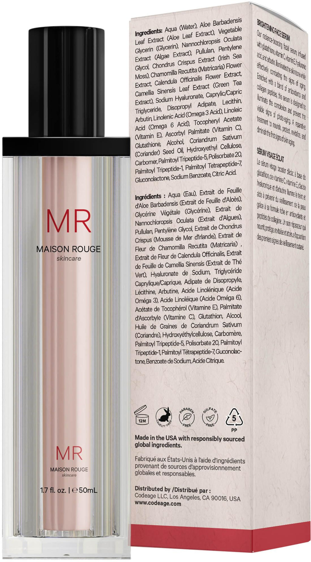 Codeage Maison Rouge Brightening Serum – Glutathione, Vitamin C, Hyaluronic Acid, Collagen | Refillable, Parabens/Sulfates-Free