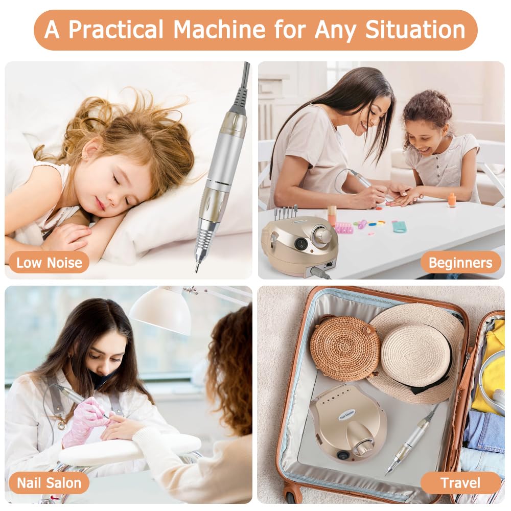 CoFashion Portable Electric Nail Drill – 30000 RPM, 6 Bits + 6 Sanding Bands, Home Salon Kit (Golden)