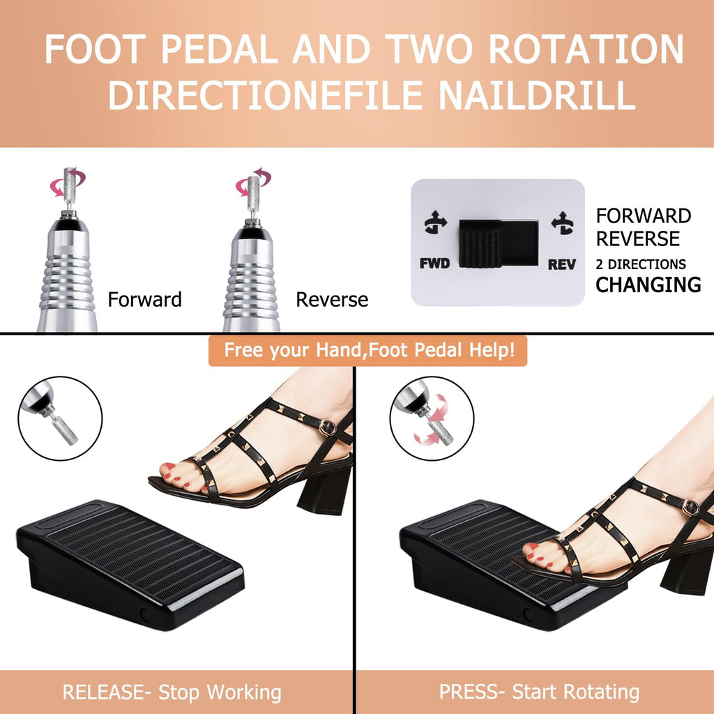 CoFashion Portable Electric Nail Drill – 30000 RPM, 6 Bits + 6 Sanding Bands, Home Salon Kit (Golden)