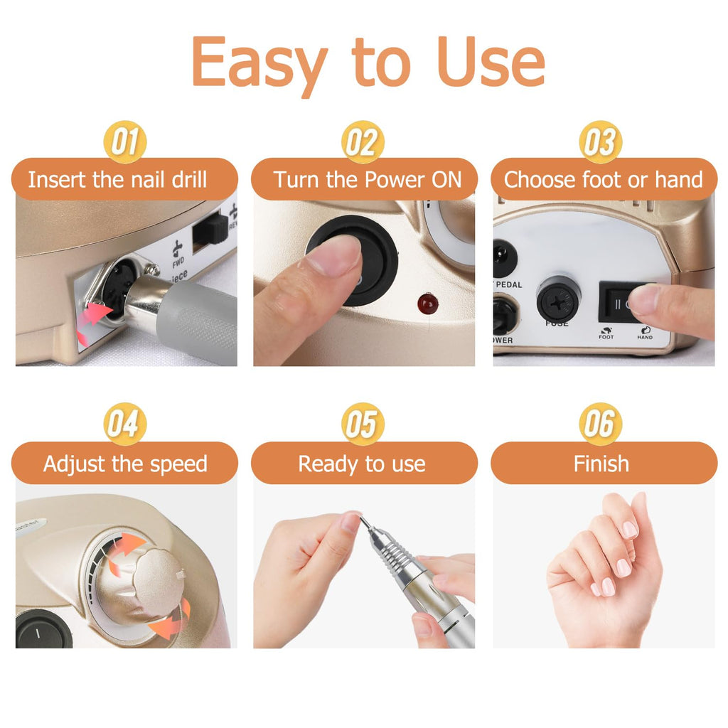 CoFashion Portable Electric Nail Drill – 30000 RPM, 6 Bits + 6 Sanding Bands, Home Salon Kit (Golden)