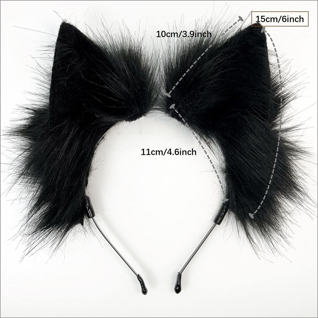 CoFoWo Cat Fox Wolf Ears Headband - Pure Black, Handmade Furry Ears