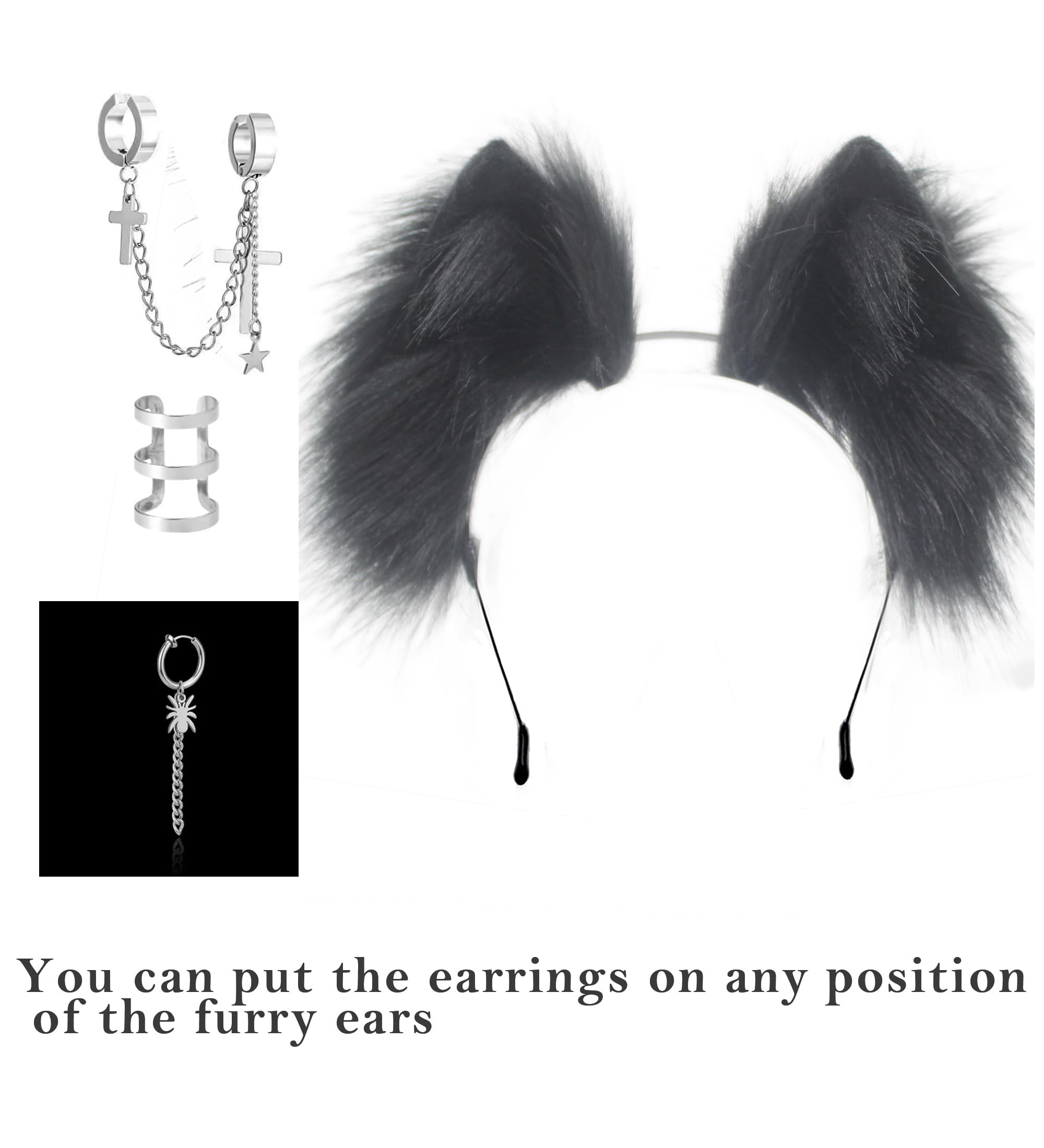 CoFoWo Cat Fox Wolf Ears Headband - Pure Black, Handmade Furry Ears