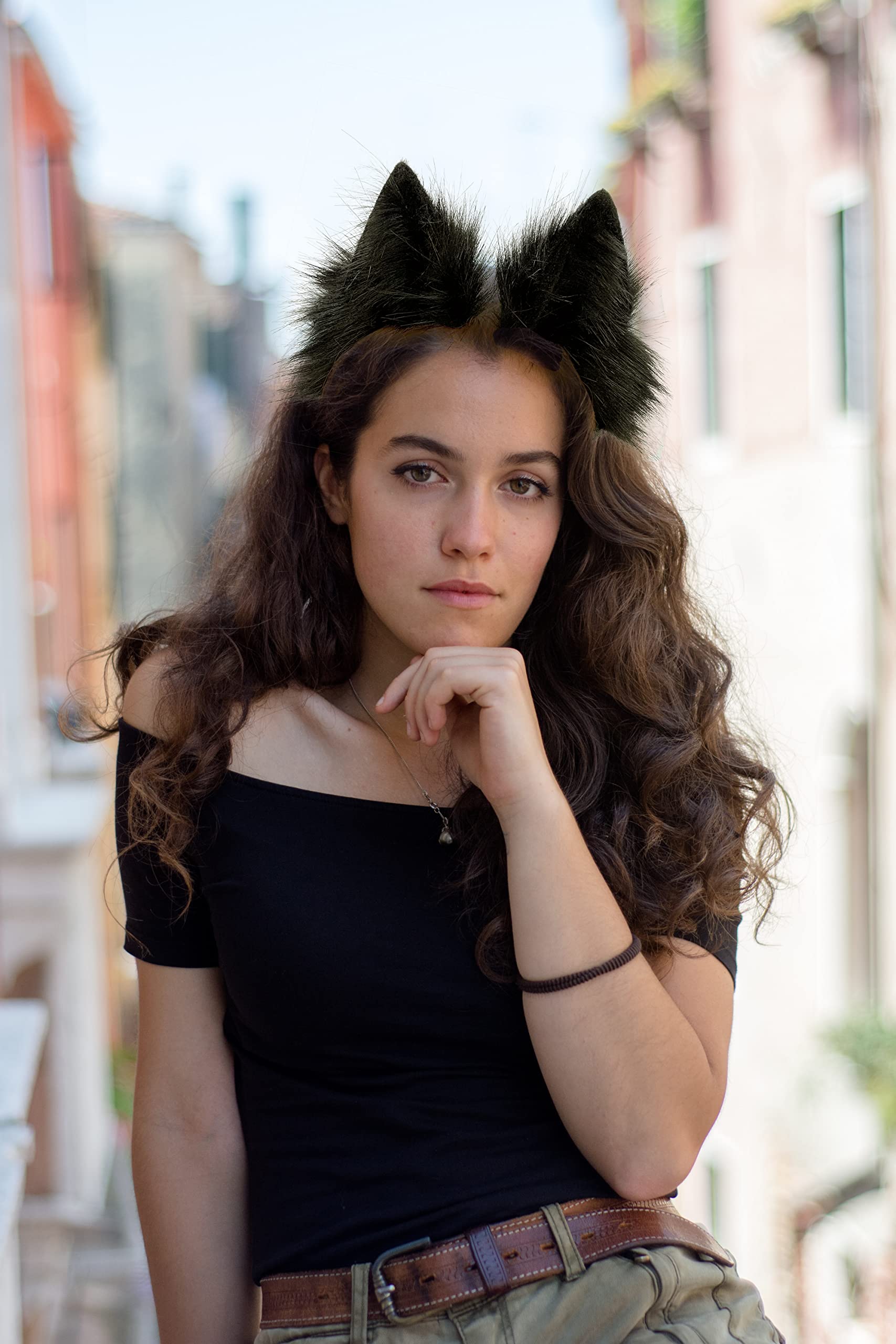 CoFoWo Cat Fox Wolf Ears Headband - Pure Black, Handmade Furry Ears