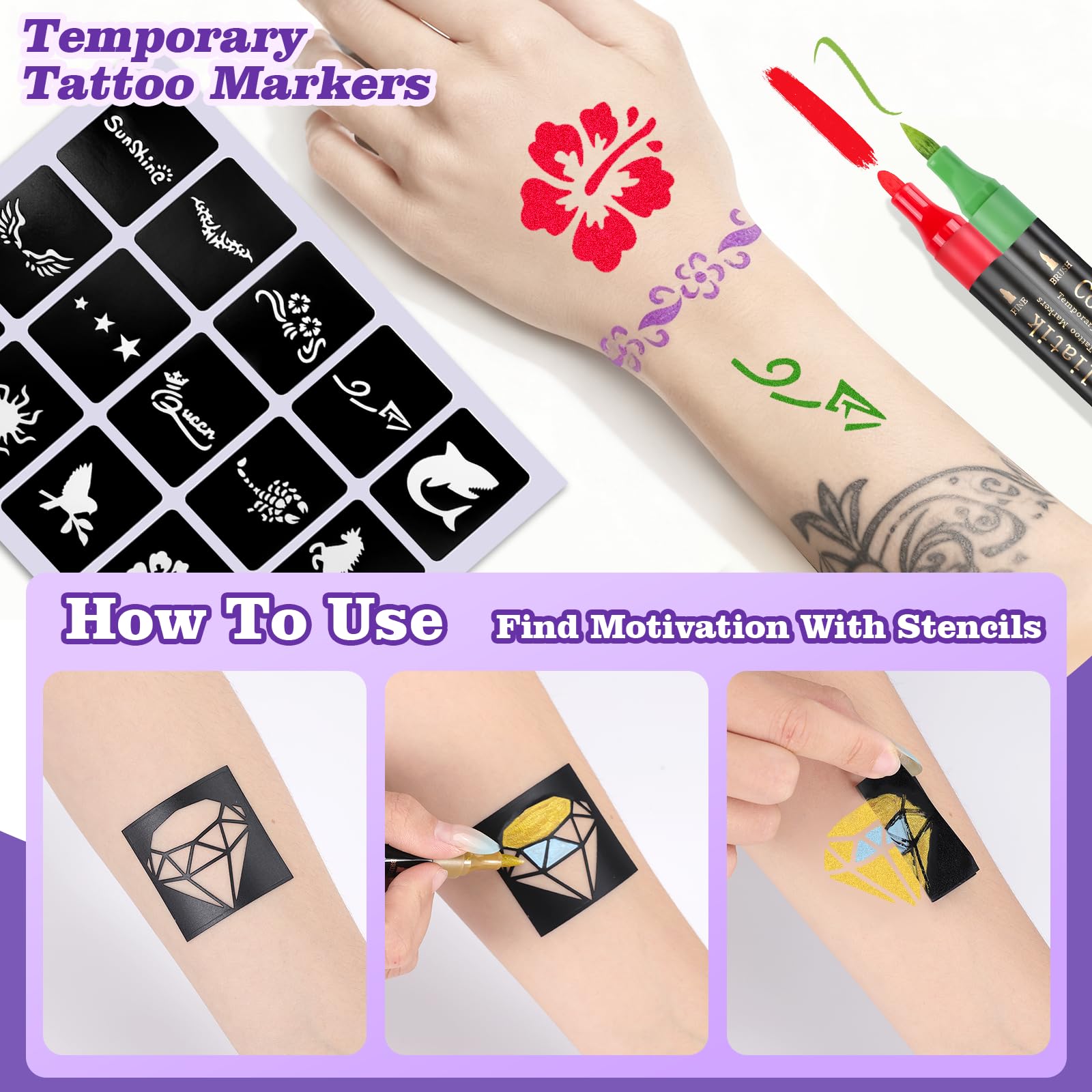 Coliatik Temporary Tattoo Markers Kit – 16 Colors + 80 Stencils (Skin-Safe, Washable)