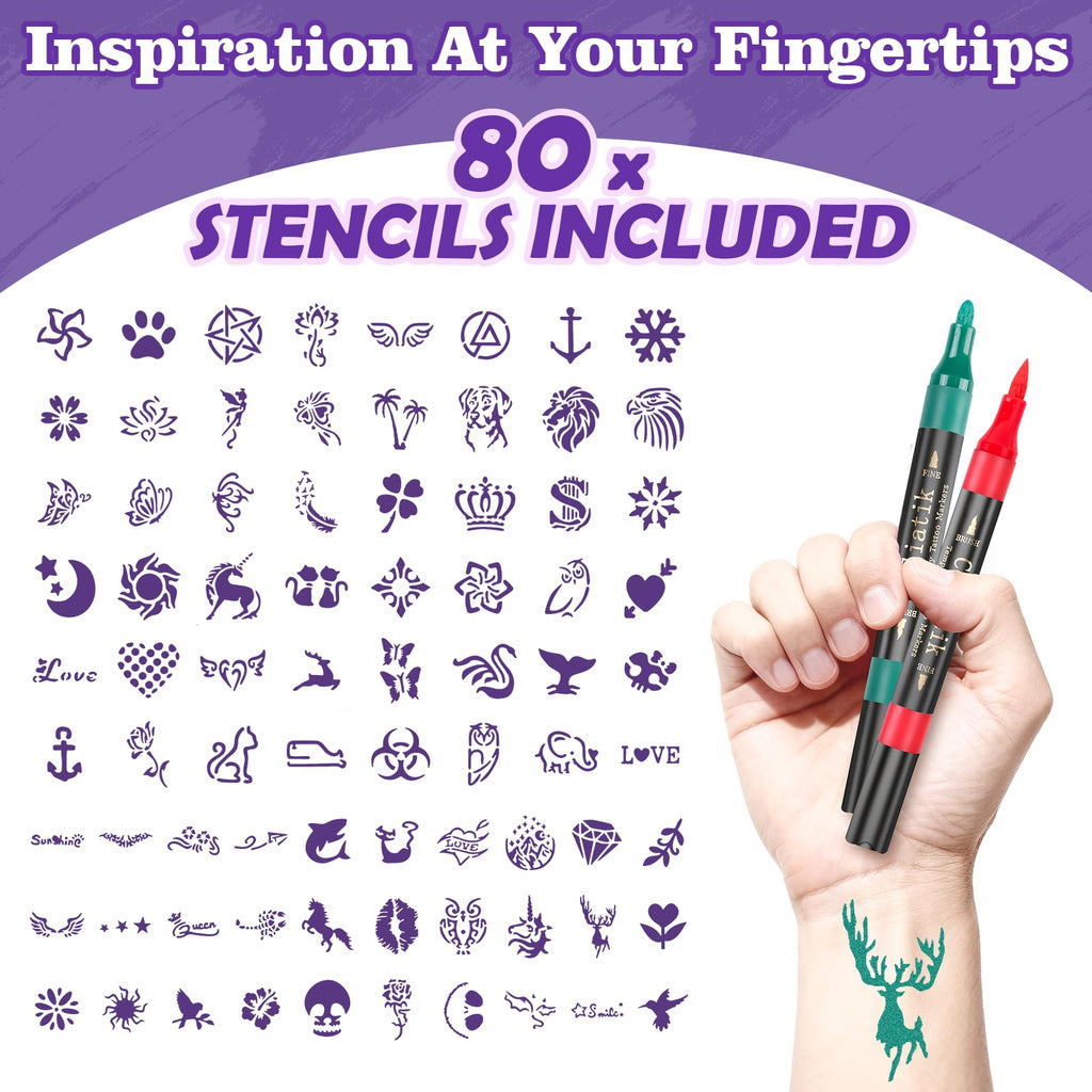 Coliatik Temporary Tattoo Markers Kit – 16 Colors + 80 Stencils (Skin-Safe, Washable)