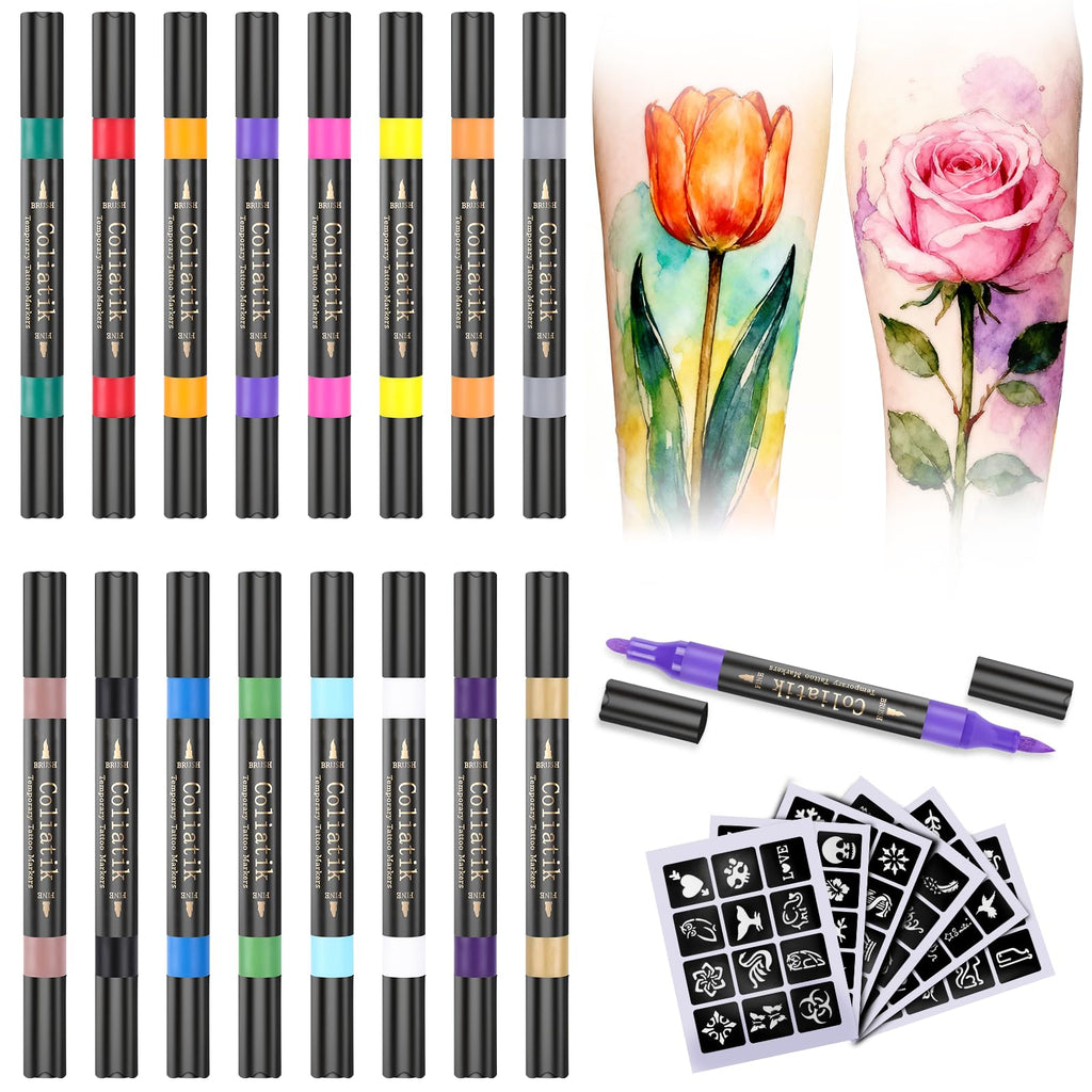 Coliatik Temporary Tattoo Markers Kit – 16 Colors + 80 Stencils (Skin-Safe, Washable)