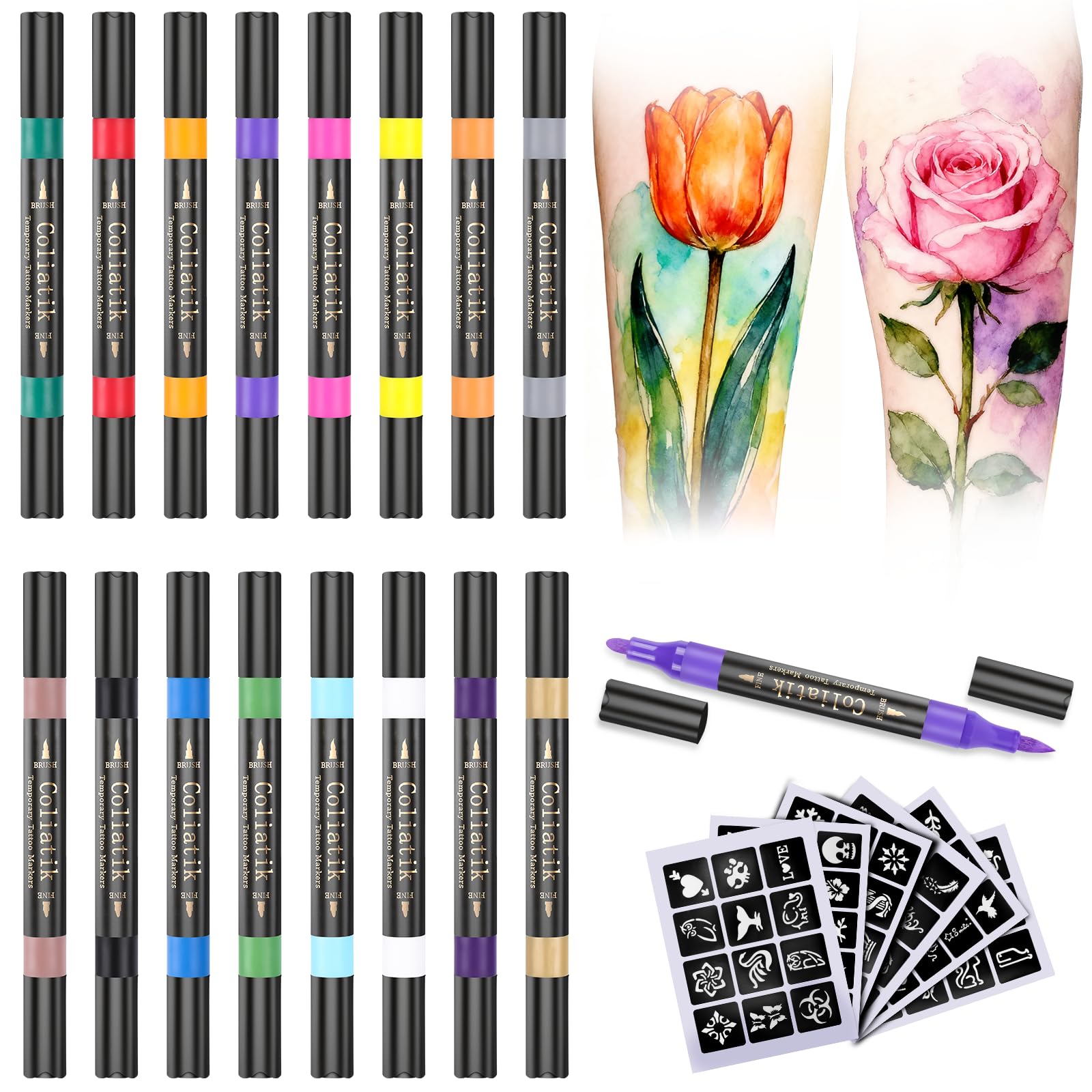 Coliatik Temporary Tattoo Markers Kit – 16 Colors + 80 Stencils (Skin-Safe, Washable)