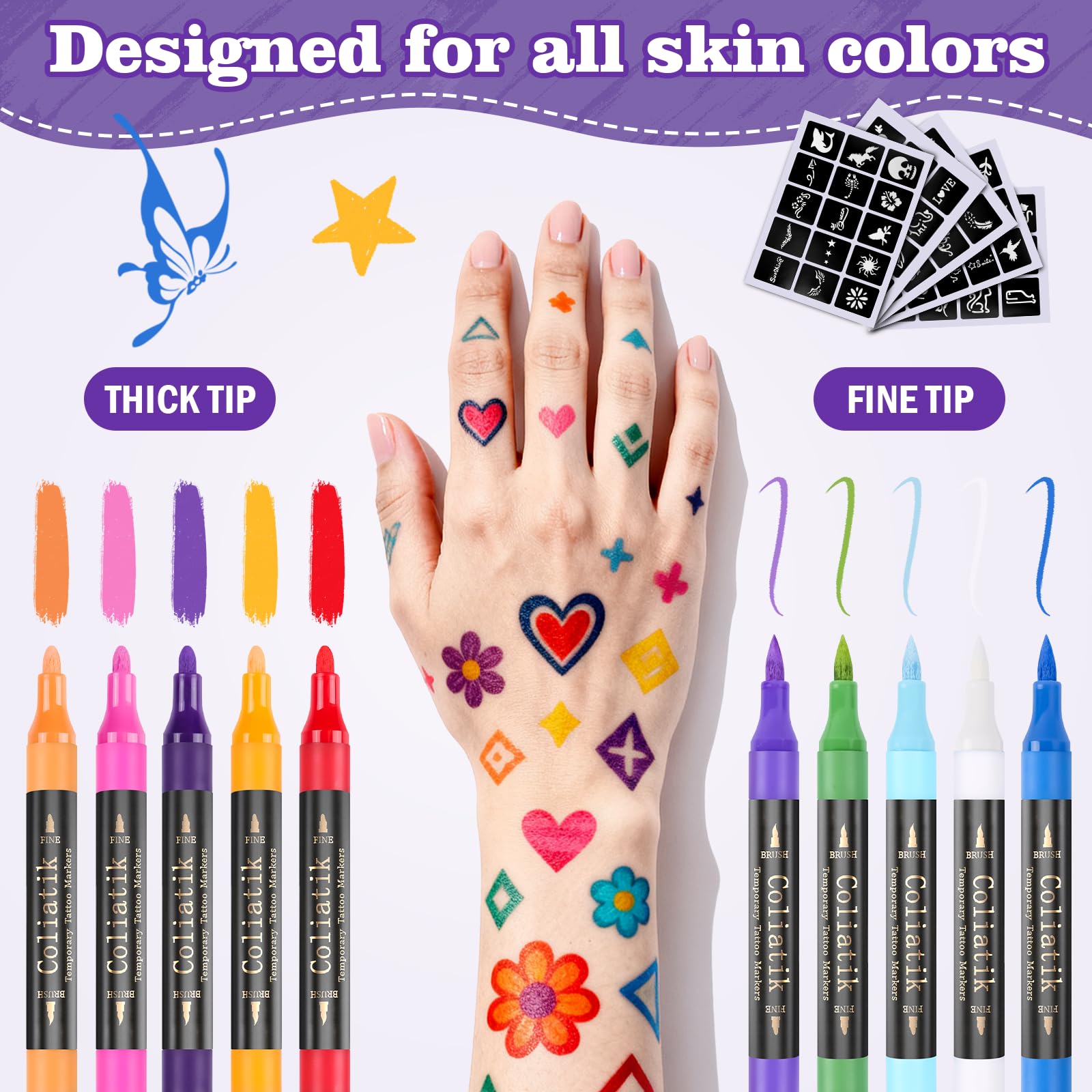 Coliatik Temporary Tattoo Markers Kit – 16 Colors + 80 Stencils (Skin-Safe, Washable)