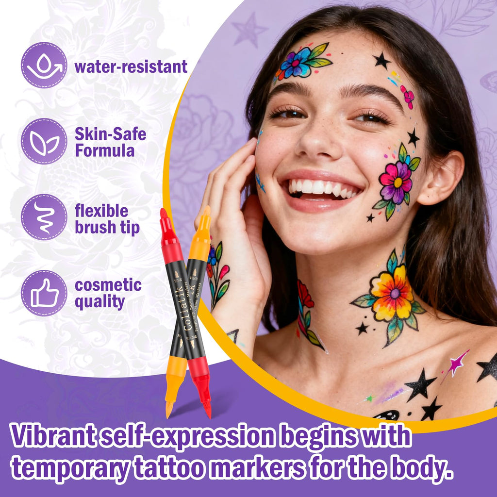 Coliatik Temporary Tattoo Markers Kit – 16 Colors + 80 Stencils (Skin-Safe, Washable)