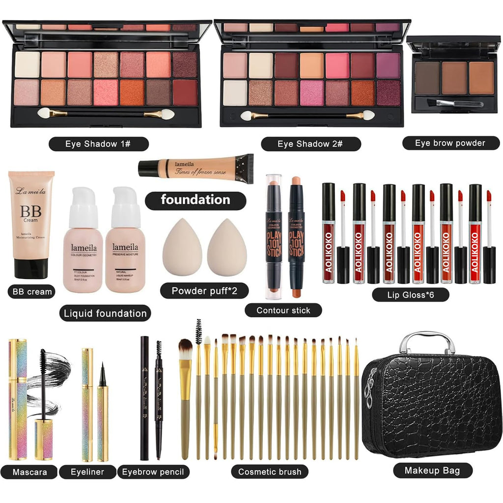 Coliusa All-in-One Makeup Kit for Women | Complete Set with Eyeshadow Palette, Foundation, Lip Gloss