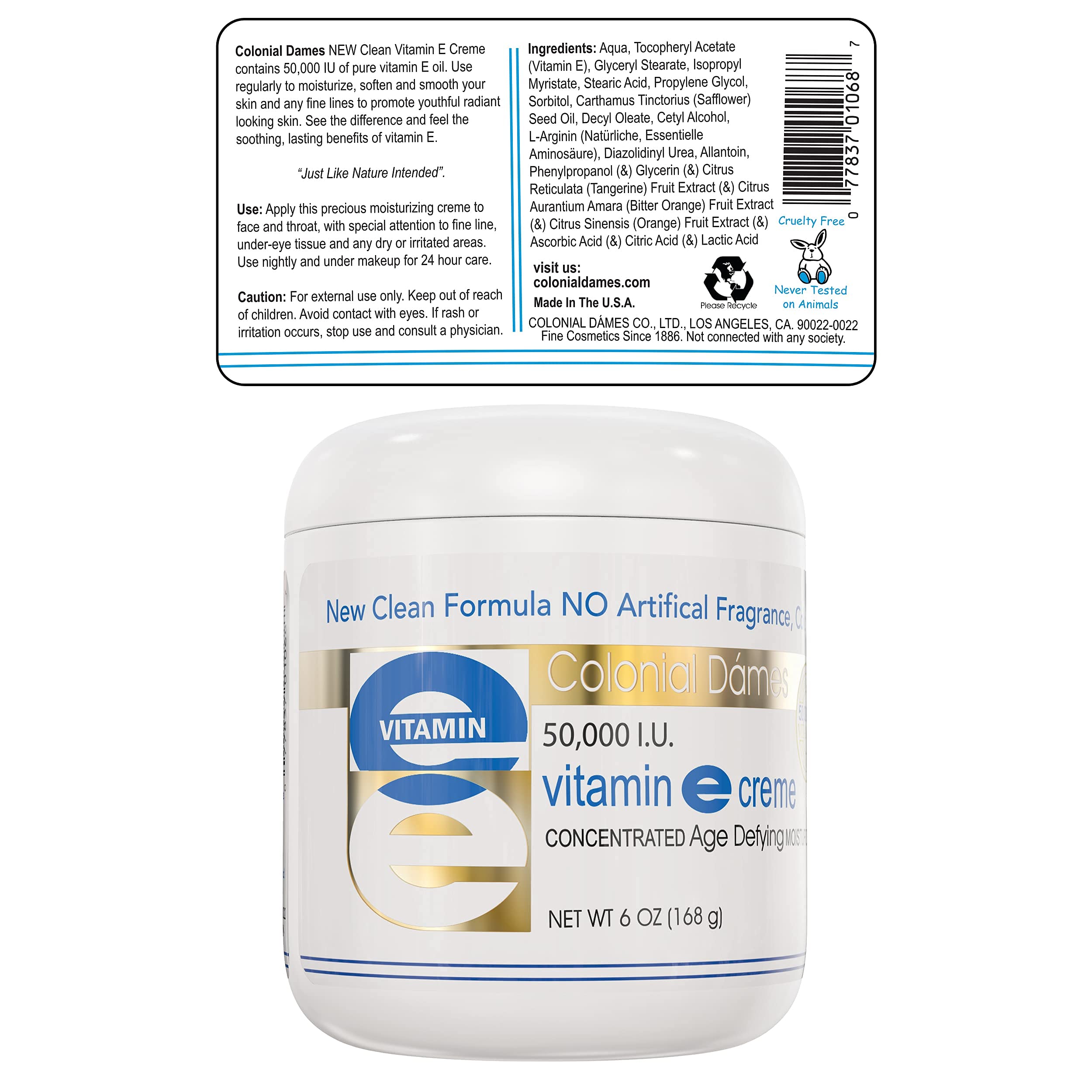 Colonial Dames High Potency 50,000 IU Vitamin E Moisturizer | Hydration for Dry Skin & Fine Lines