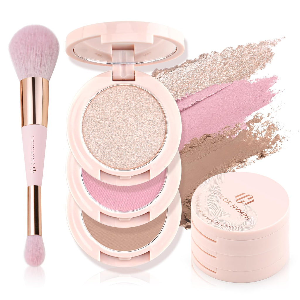 Color Nymph 3-Color Contour Blush Highlighter Palette – Pink | Travel-Size Makeup Kit