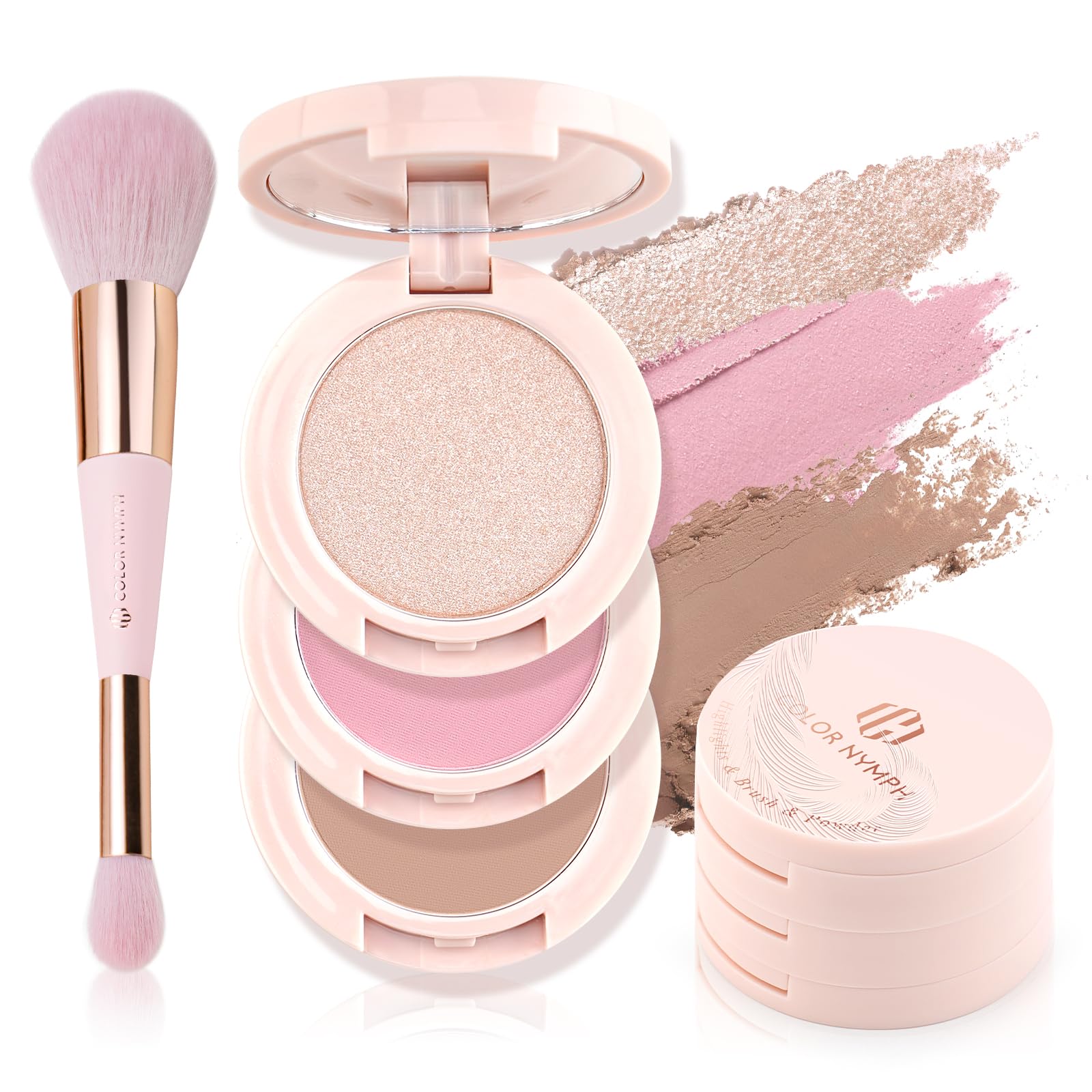 Color Nymph 3-Color Contour Blush Highlighter Palette – Pink | Travel-Size Makeup Kit