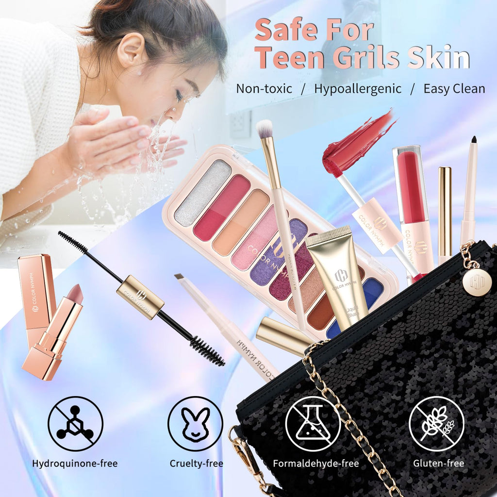 Color Nymph Teen Girls Makeup Kit — All-In-One 9-Color Eyeshadow Palette, Liquid Blush, Lip Glaze & Sequin Bag