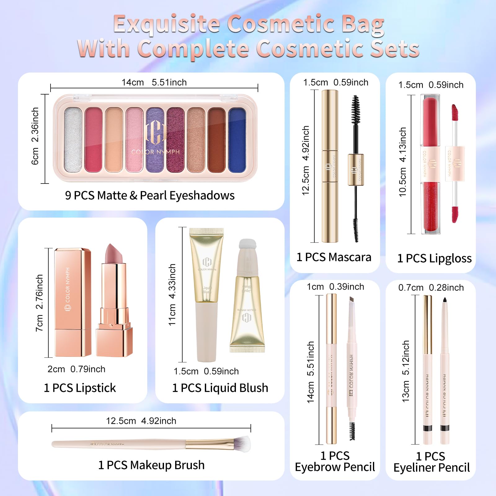 Color Nymph Teen Girls Makeup Kit — All-In-One 9-Color Eyeshadow Palette, Liquid Blush, Lip Glaze & Sequin Bag