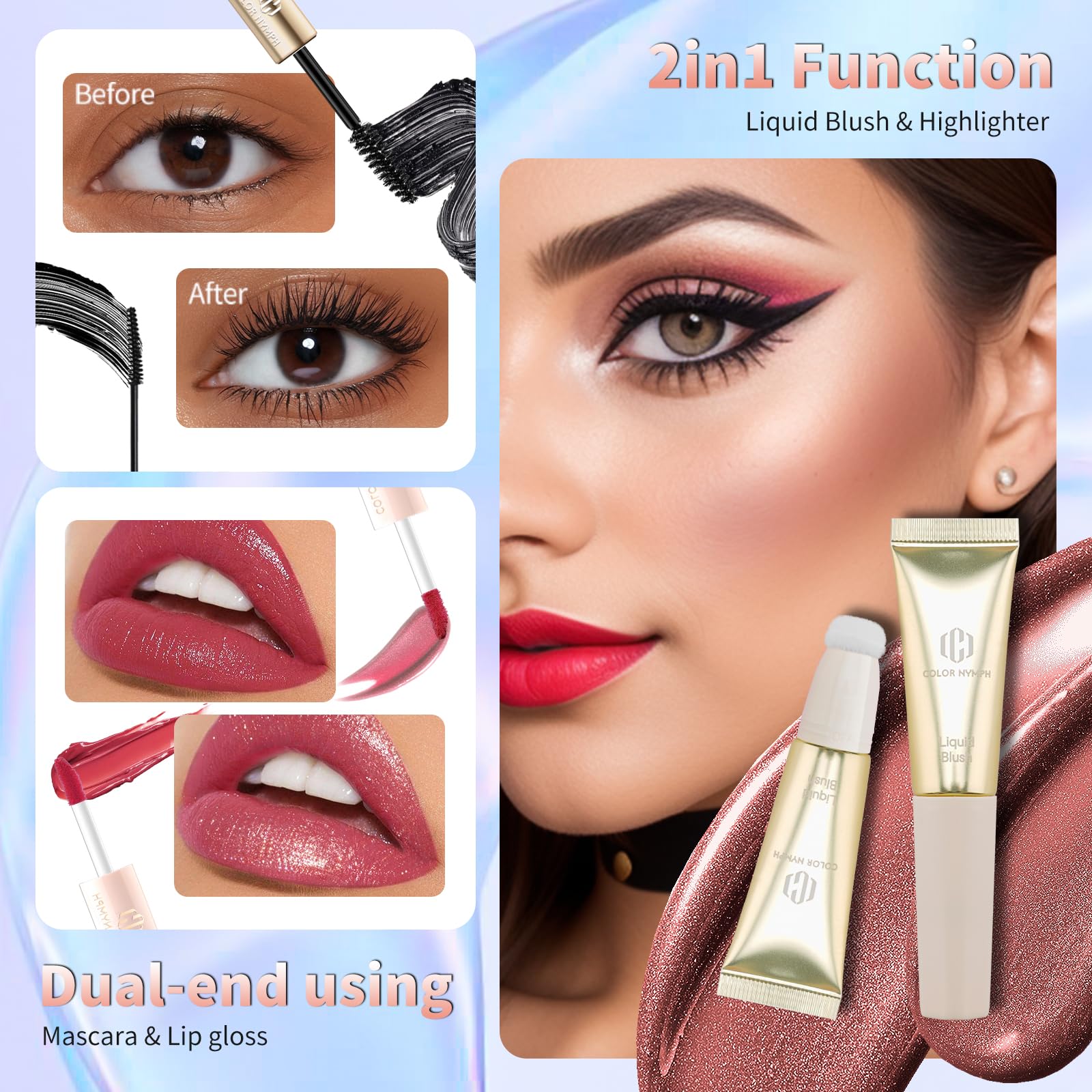 Color Nymph Teen Girls Makeup Kit — All-In-One 9-Color Eyeshadow Palette, Liquid Blush, Lip Glaze & Sequin Bag