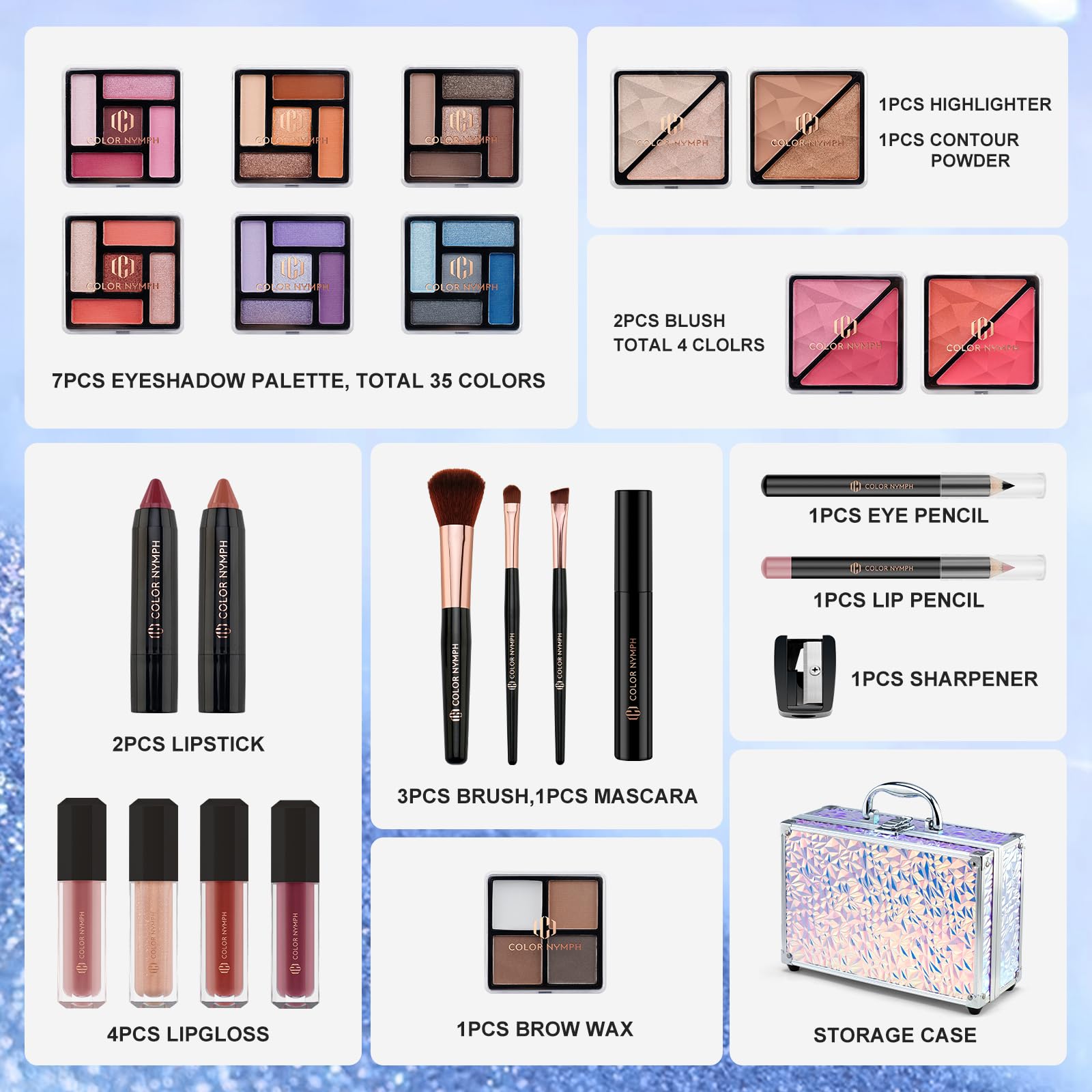 Color Nymph Makeup Kit for Women & Teens – 35 Color Eyeshadows, Lip Gloss, Brushes, Travel Case