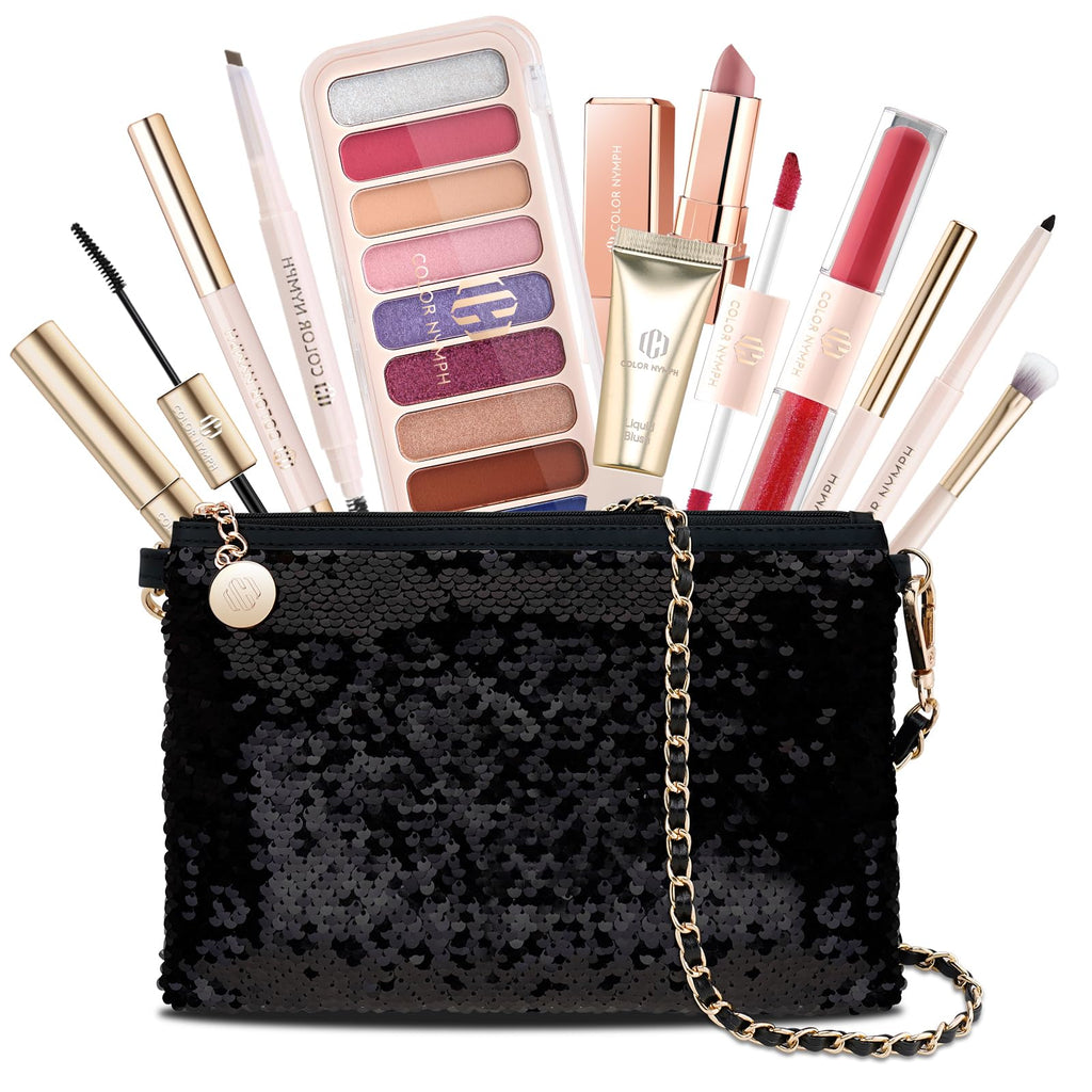 Color Nymph Teen Girls Makeup Kit — All-In-One 9-Color Eyeshadow Palette, Liquid Blush, Lip Glaze & Sequin Bag