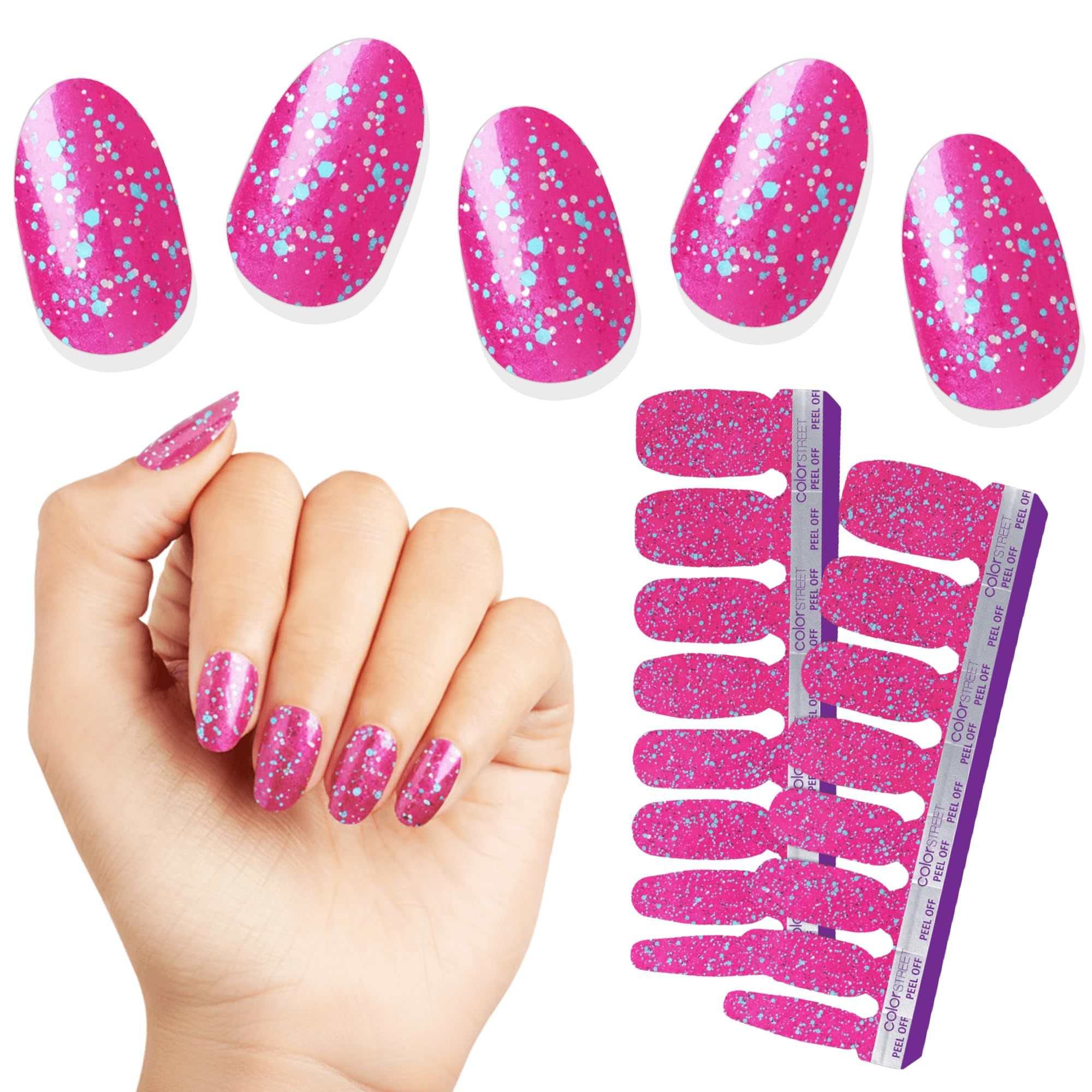 Color Street Bauble & Bright Hot Pink Glitter Nails with Blue Sparkle – 16 Real Polish Strips