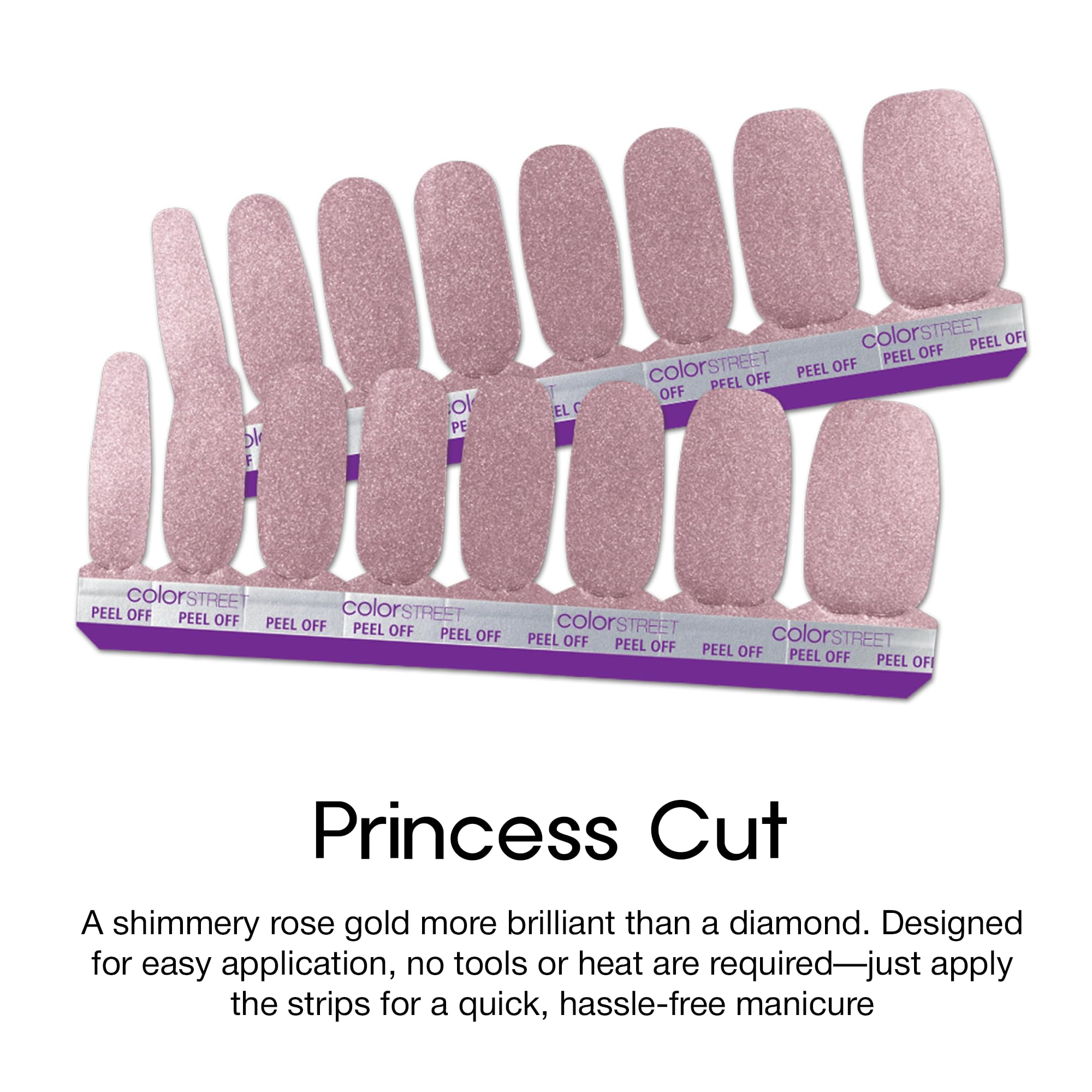 Color Street Princess Cut Nail Strips – Rose Gold Shimmer, Easy Peel, Real Polish