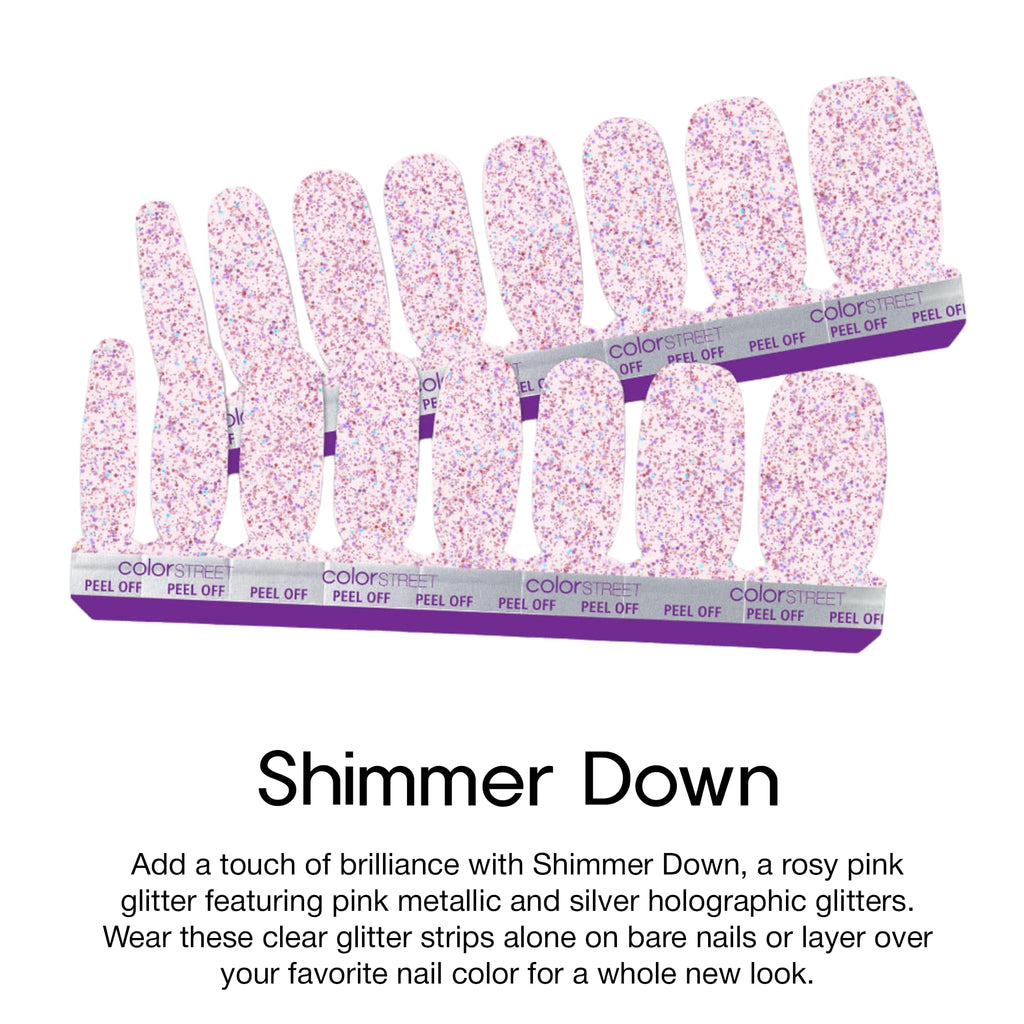Color Street Shimmer Down Nail Strips – Rosy Pink Glitter, 16 Double-Ended, Made in USA