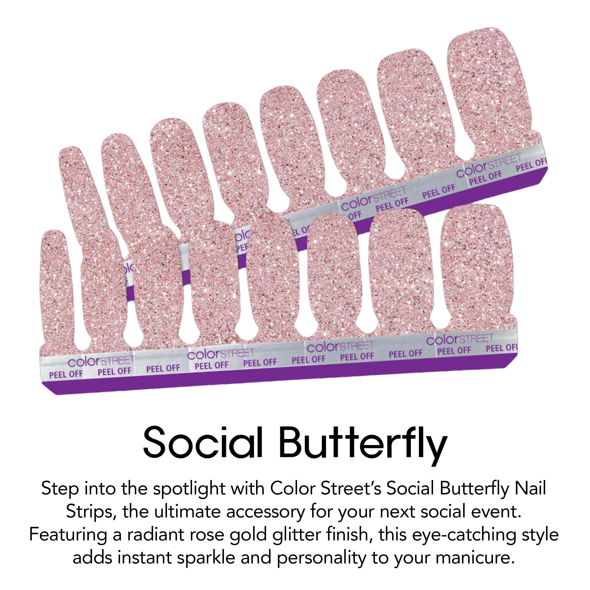 Color Street Social Butterfly Glitter Nail Strips – Rose Gold, Zero Dry Time