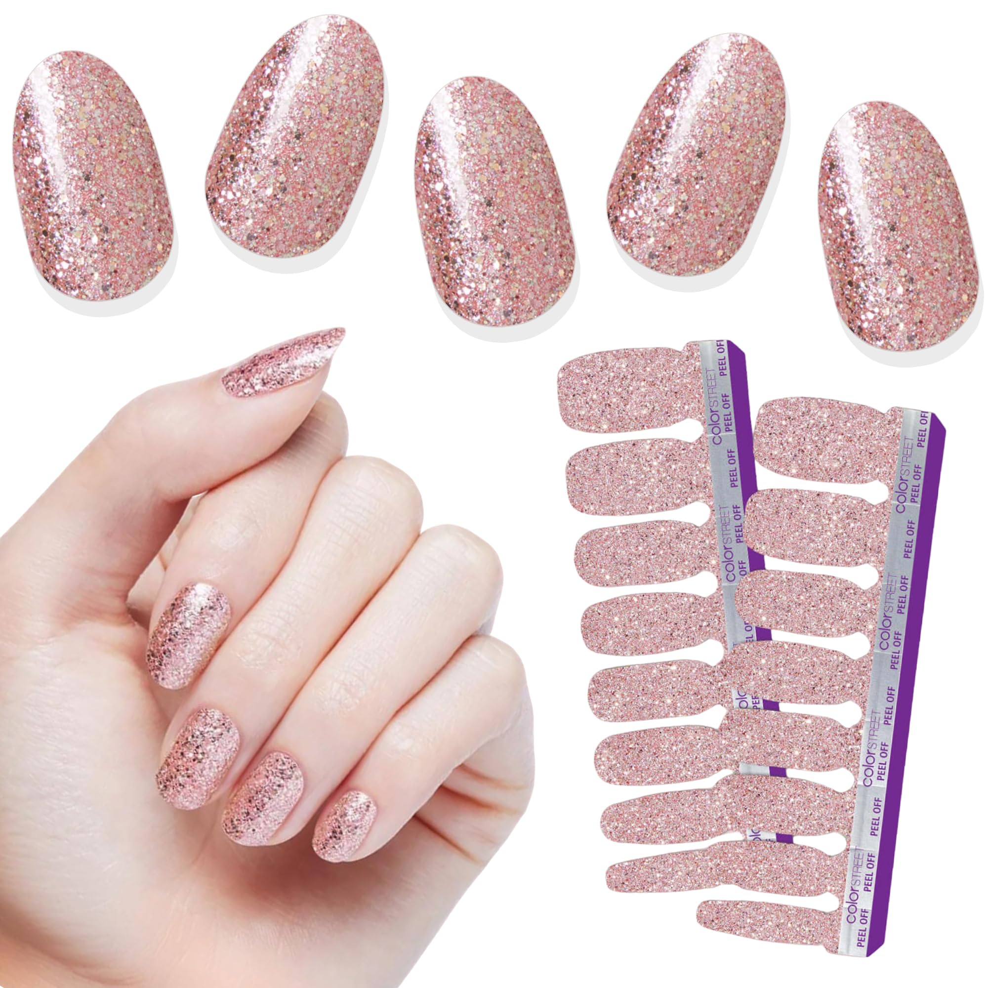 Color Street Social Butterfly Glitter Nail Strips – Rose Gold, Zero Dry Time
