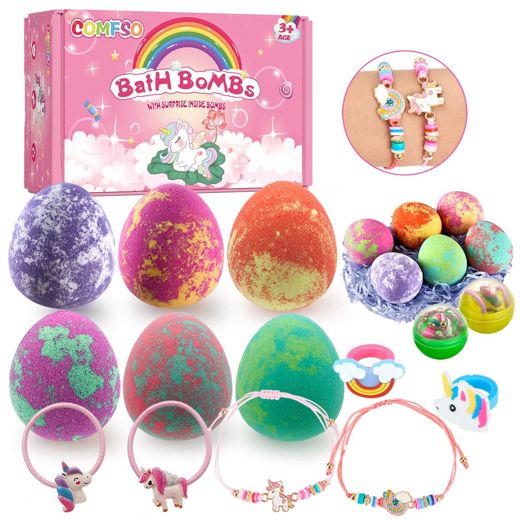 Comfso Dino Egg Bath Bombs for Kids – 6 Surprises & Unicorn Jewelry Gift Set