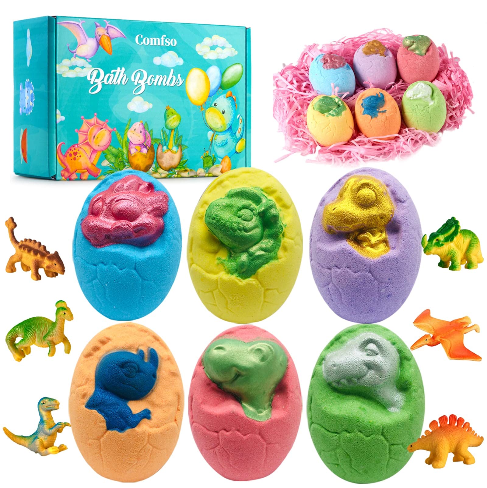 Comfso Kids Bath Bombs – XL Dino Eggs with Surprise Toys | Natural Bubble Bath Gift Set