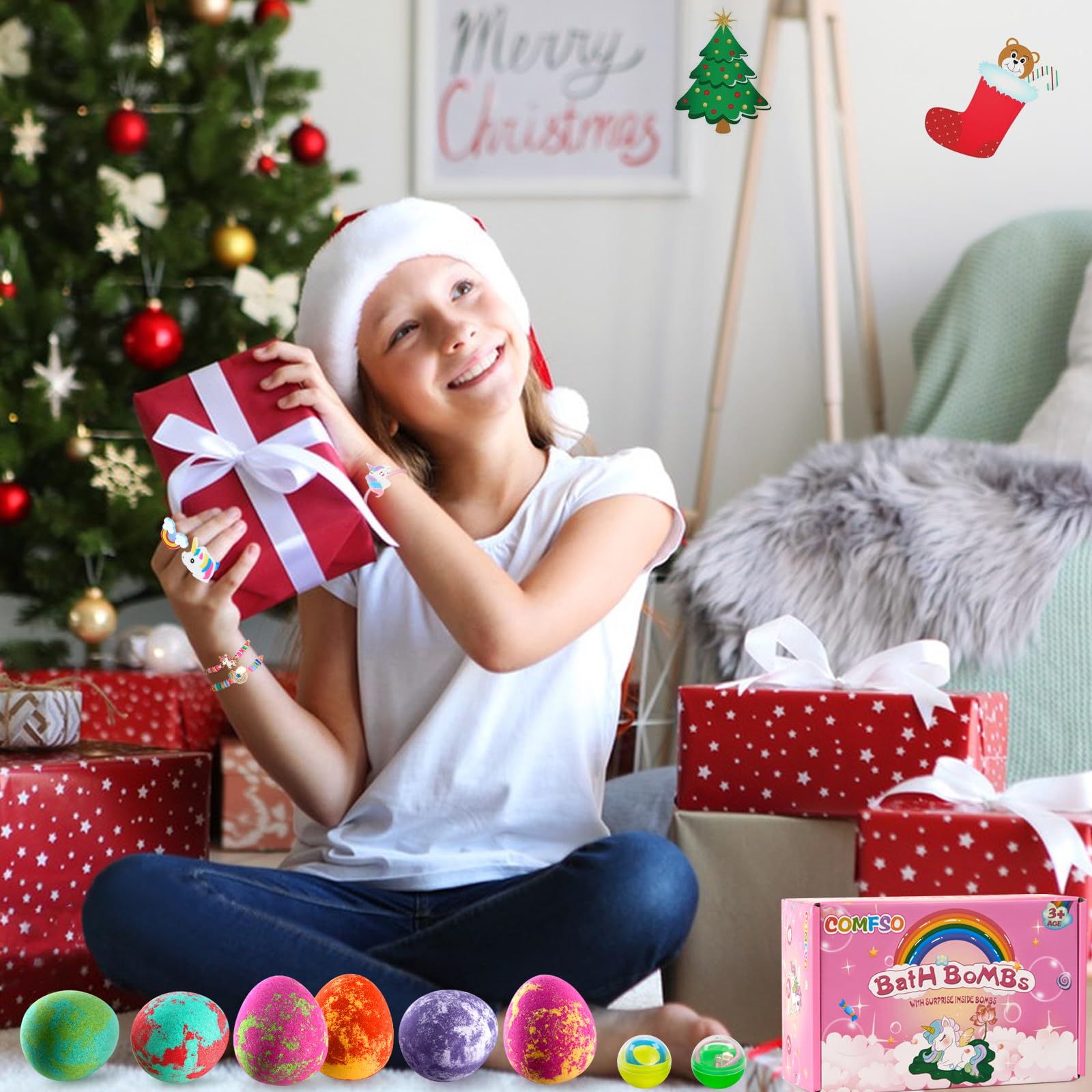 Comfso Dino Egg Bath Bombs for Kids – 6 Surprises & Unicorn Jewelry Gift Set
