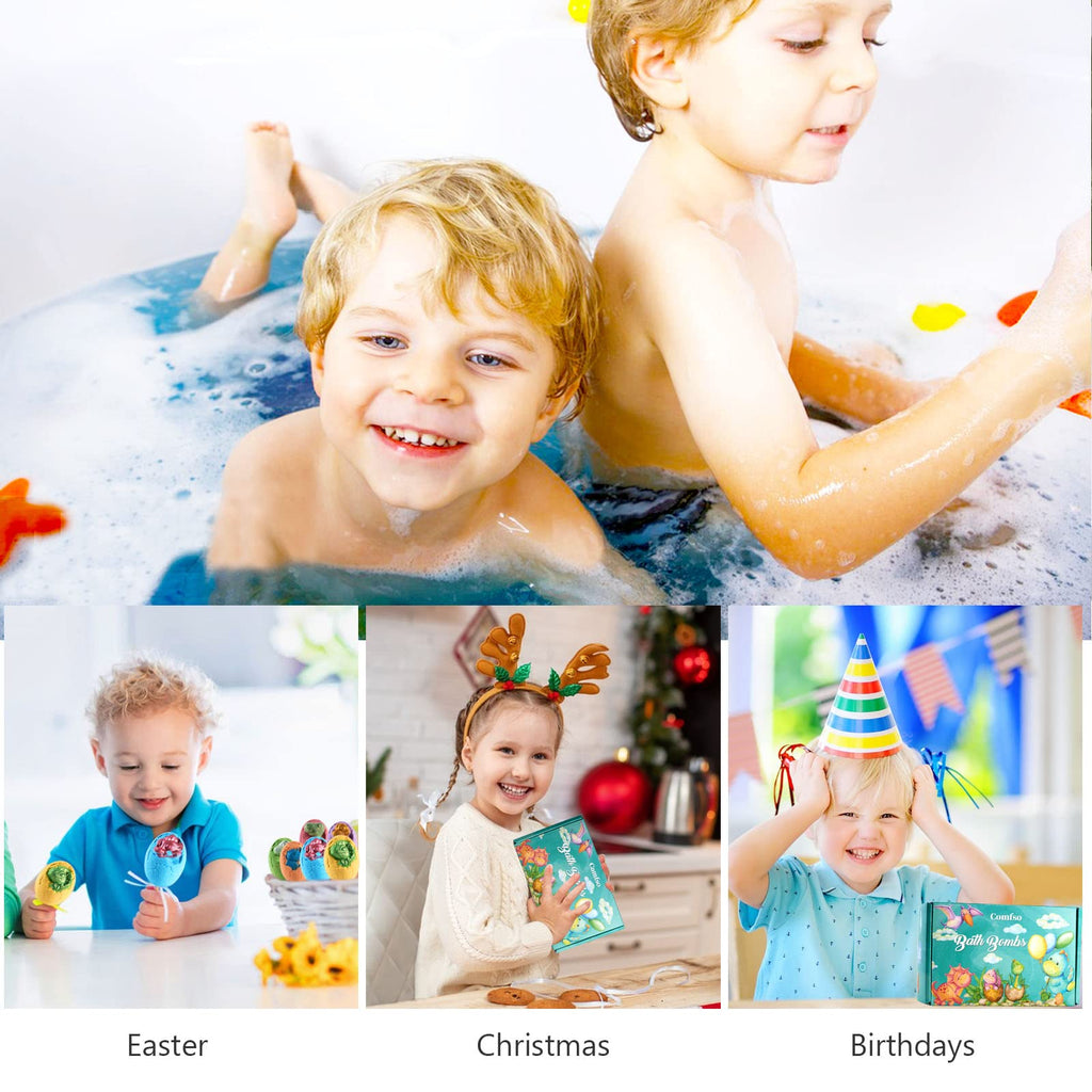 Comfso Kids Bath Bombs – XL Dino Eggs with Surprise Toys | Natural Bubble Bath Gift Set