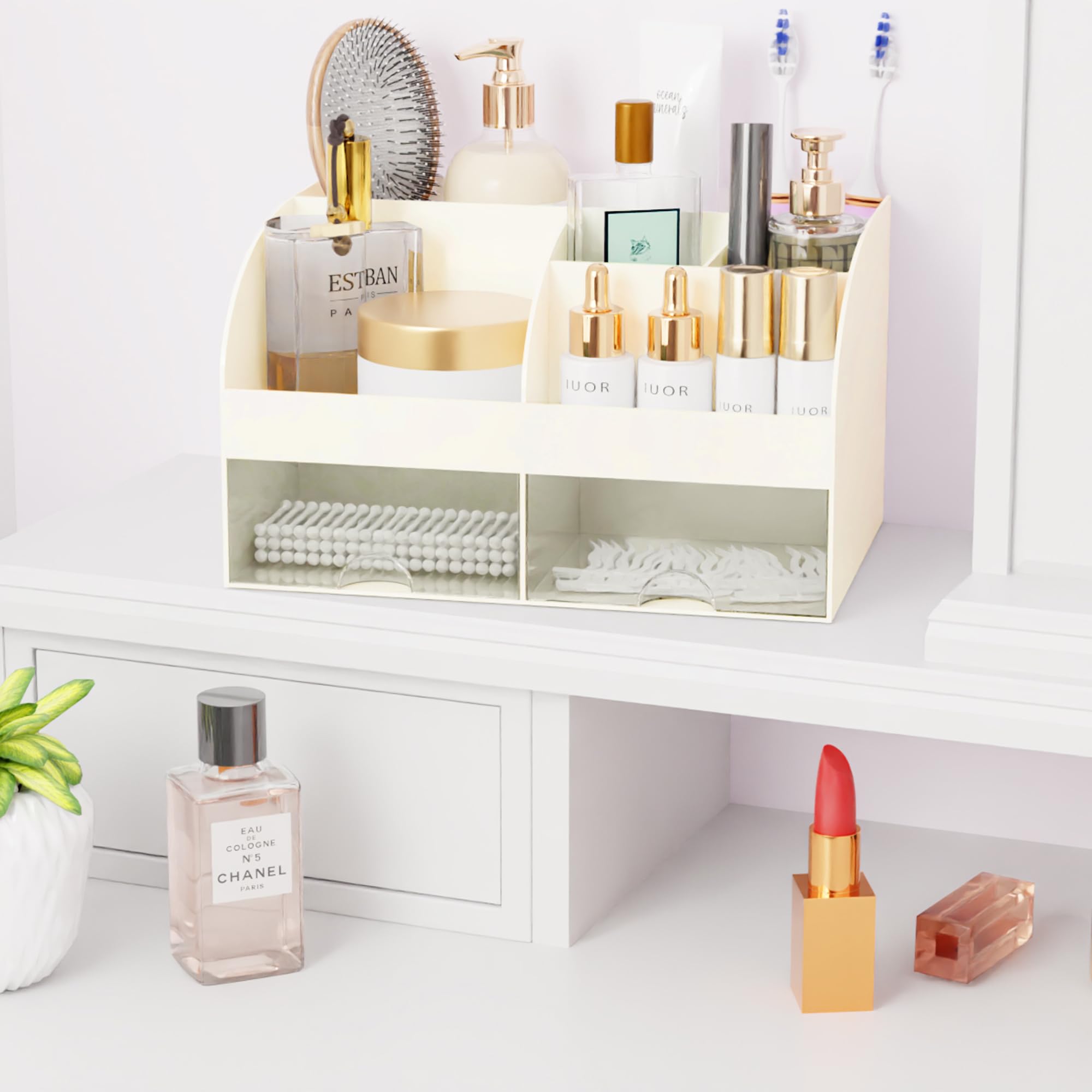 COMFYROOM Makeup Organizer with Drawers – Ivory Cosmetic Storage for Vanity and Bathroom