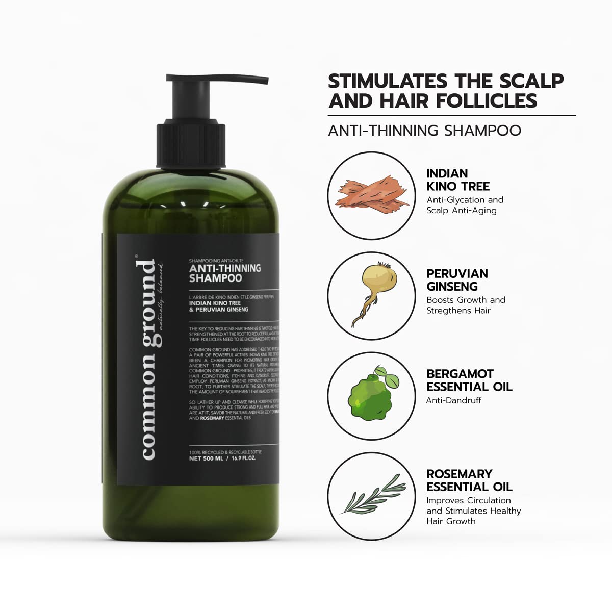 Common Ground Natural Anti-Thinning Shampoo - Bergamot & Rosemary, DHT-Blocking, Vegan & Cruelty-Free