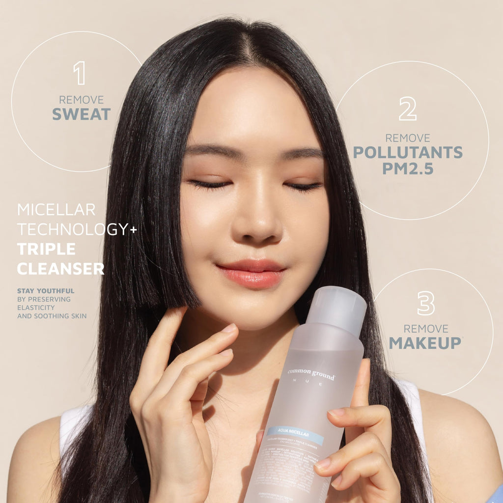 COMMON GROUND NUE Aqua Micellar 3-in-1 Cleanser: Makeup Remover, Astringent, Hydrating | Aloe Vera & Cucumber | Pack of 2