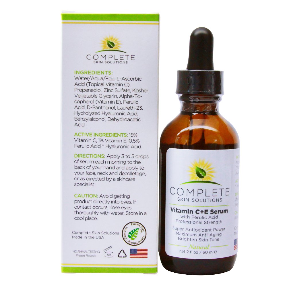 Complete Skin Solutions Natural Best Vitamin C Serum – 2 oz with Ferulic, Hyaluronic Acid, Vitamin C 15% – Made in USA