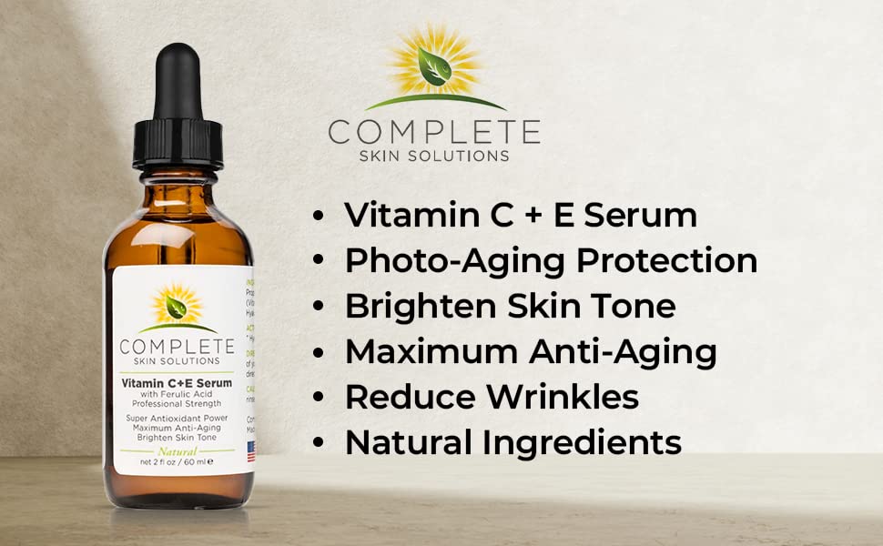 Complete Skin Solutions Natural Best Vitamin C Serum – 2 oz with Ferulic, Hyaluronic Acid, Vitamin C 15% – Made in USA