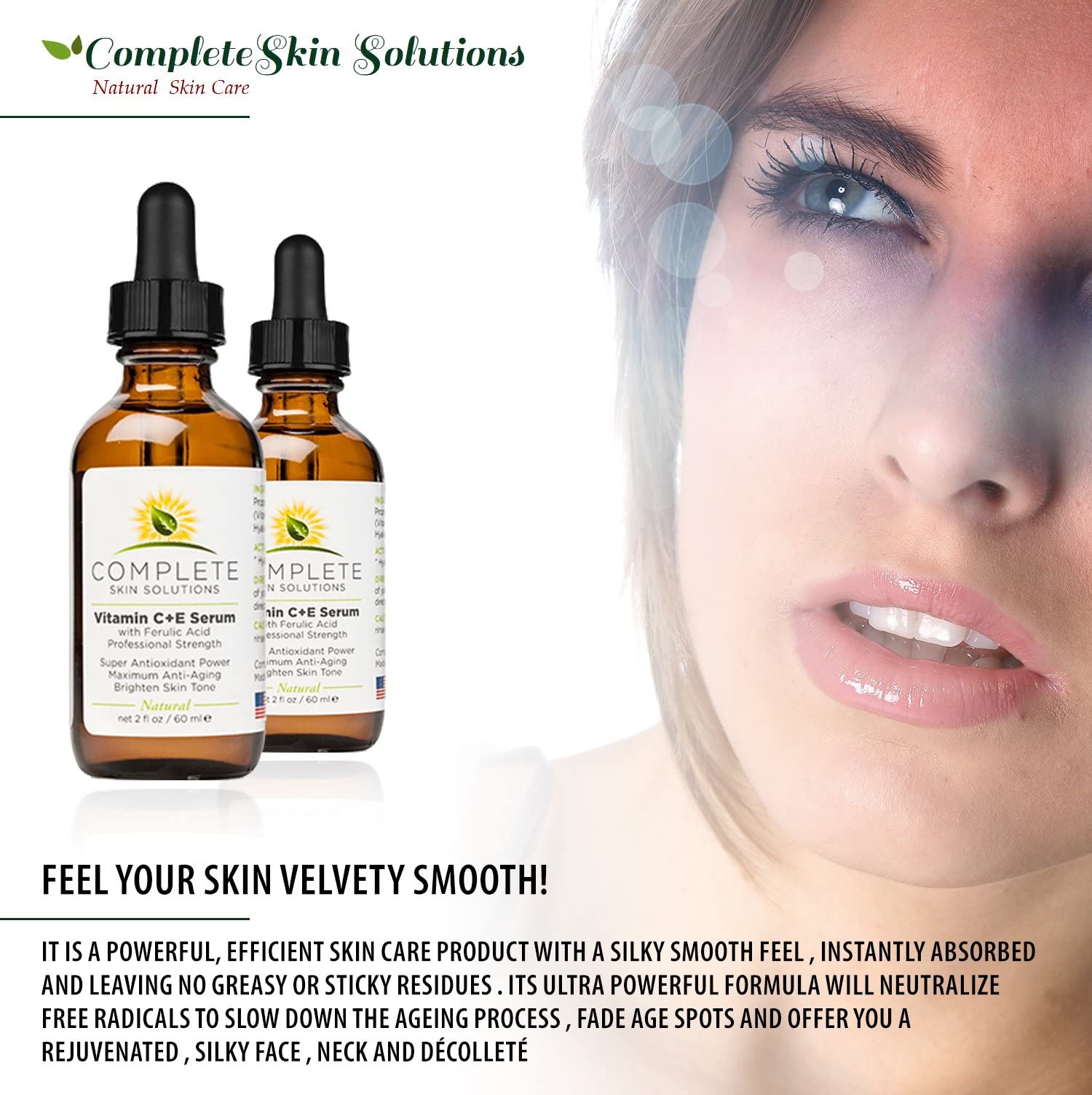 Complete Skin Solutions Natural Best Vitamin C Serum – 2 oz with Ferulic, Hyaluronic Acid, Vitamin C 15% – Made in USA