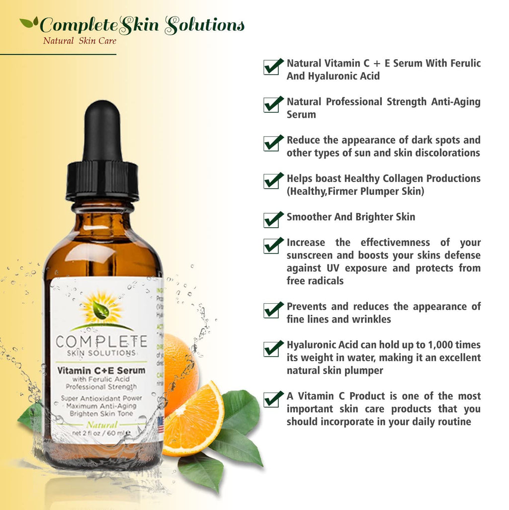 Complete Skin Solutions Natural Best Vitamin C Serum – 2 oz with Ferulic, Hyaluronic Acid, Vitamin C 15% – Made in USA
